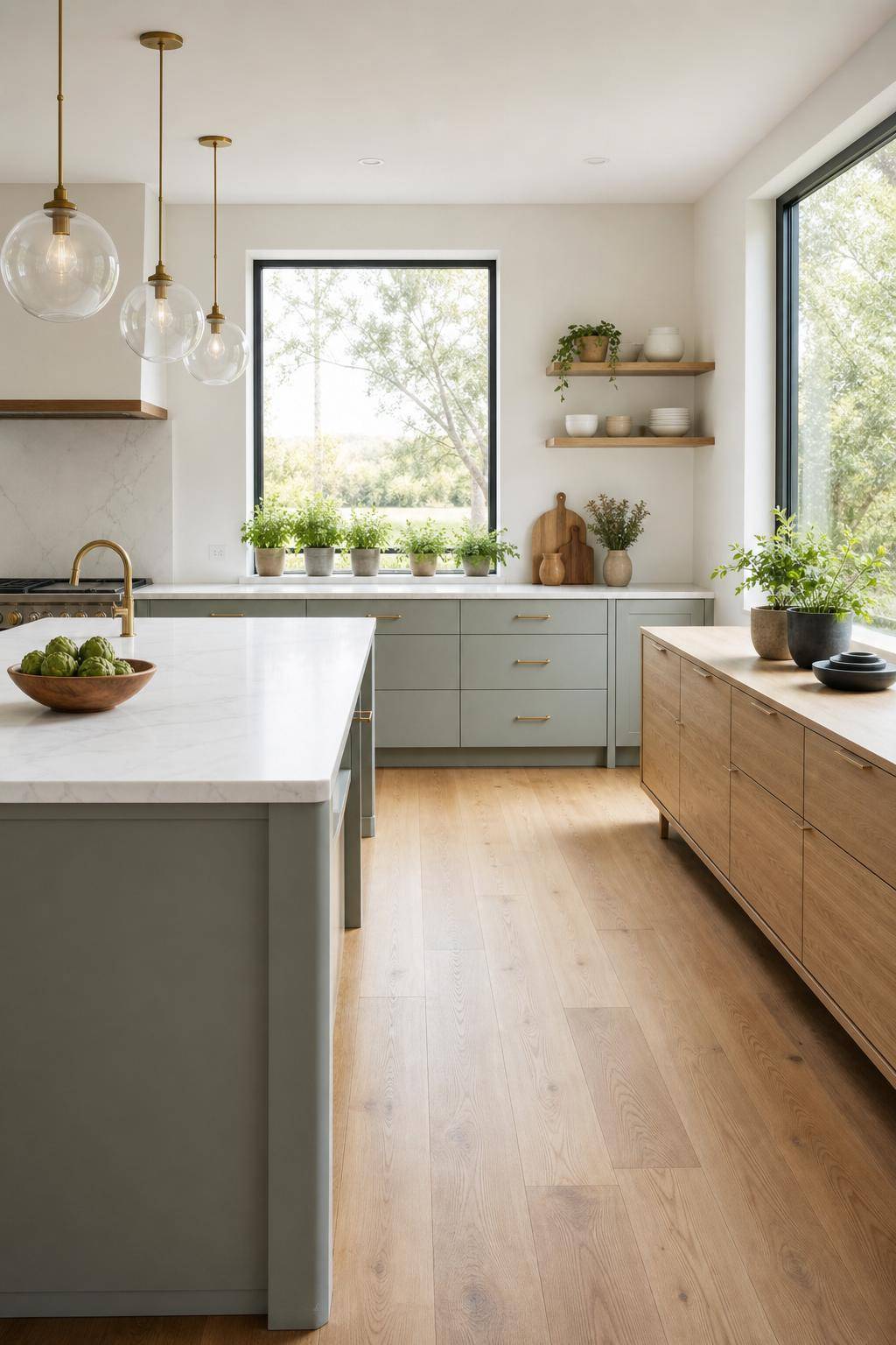 Küche ohne Hängeschränke einrichten- Nutze schlanke Sideboards für Stauraum