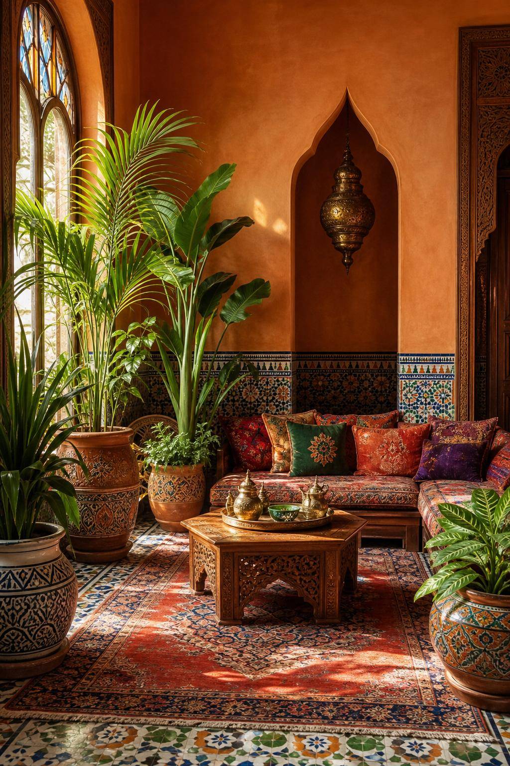 Orientalischer Einrichtungsstil- Arrangiere Pflanzen in verzierten Tongefäßen