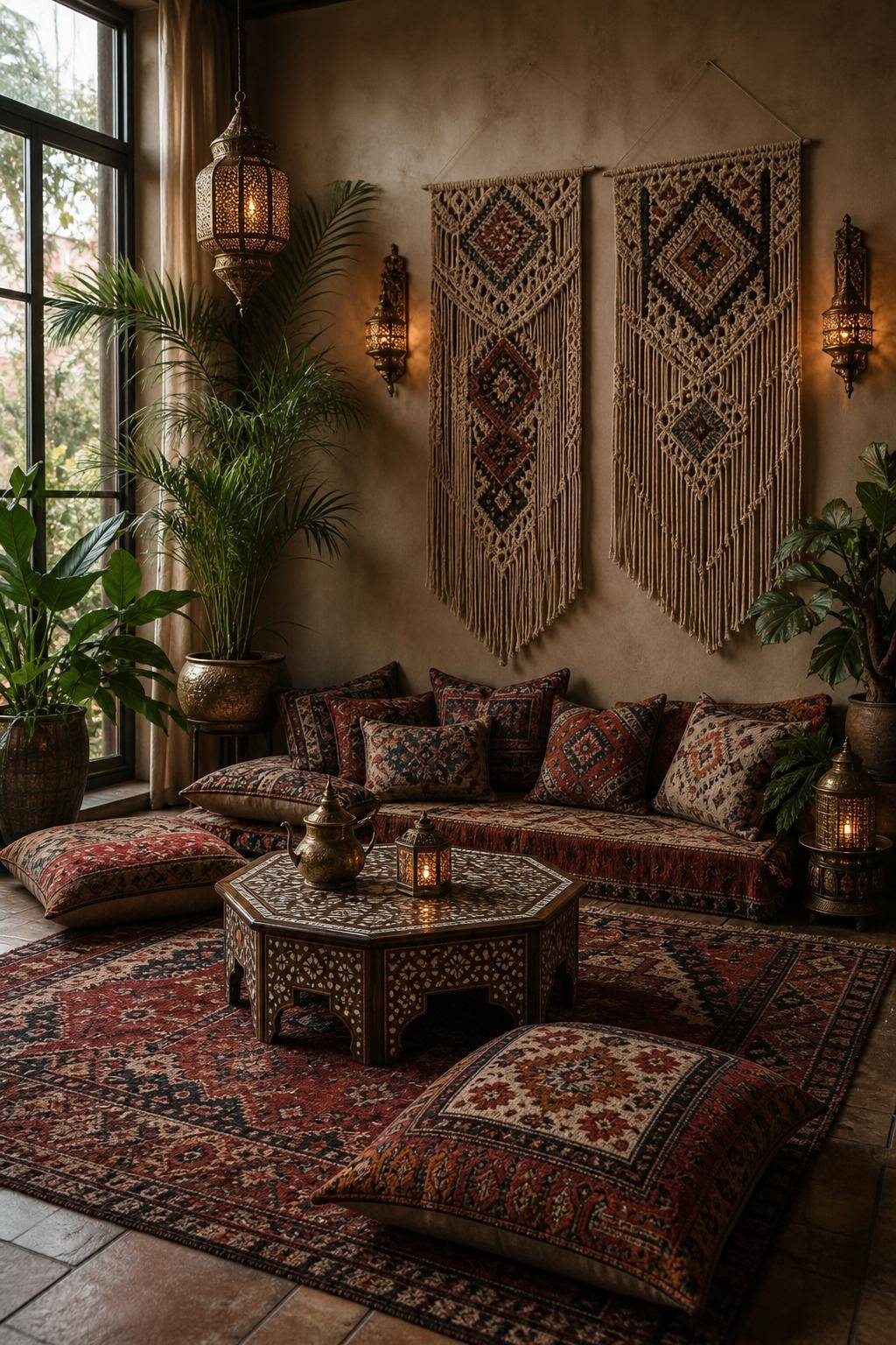 Orientalischer Einrichtungsstil- Hänge Makramees mit orientalischen Mustern auf