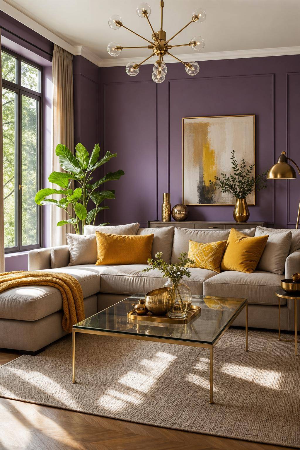 Welche Farbe passt in der Einrichtung zu Lila?- Mixe Lila mit senfgelben Details