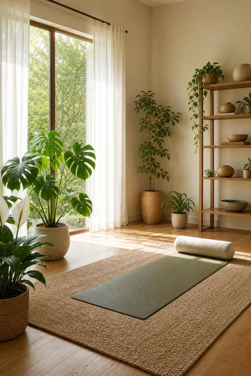Yoga-Raum einrichten: Inspiration- Platziere Zimmerpflanzen für frische Luft