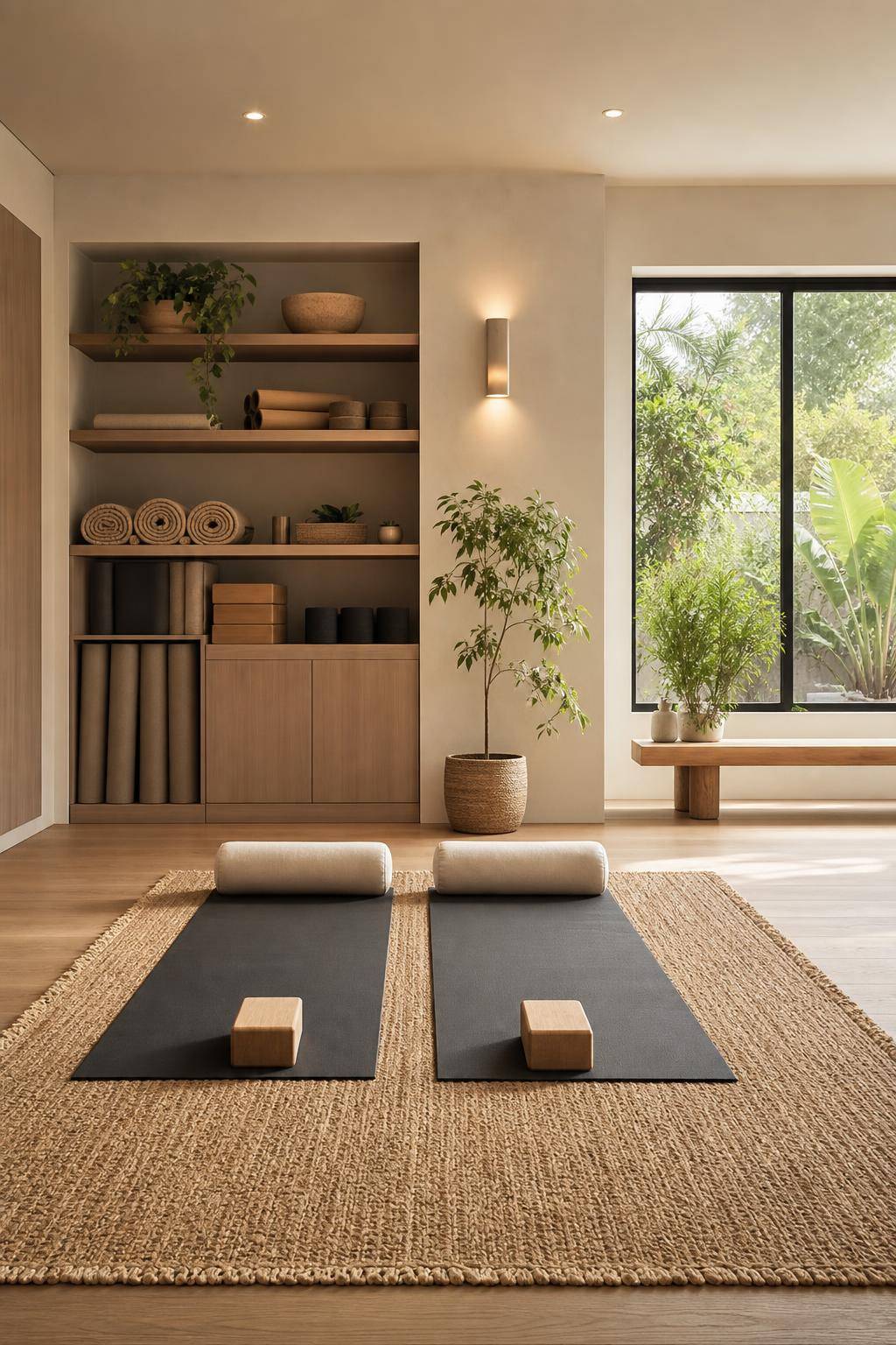 Yoga-Raum einrichten: Inspiration- Schaffe Ablageflächen für Yoga-Equipment und Accessoires
