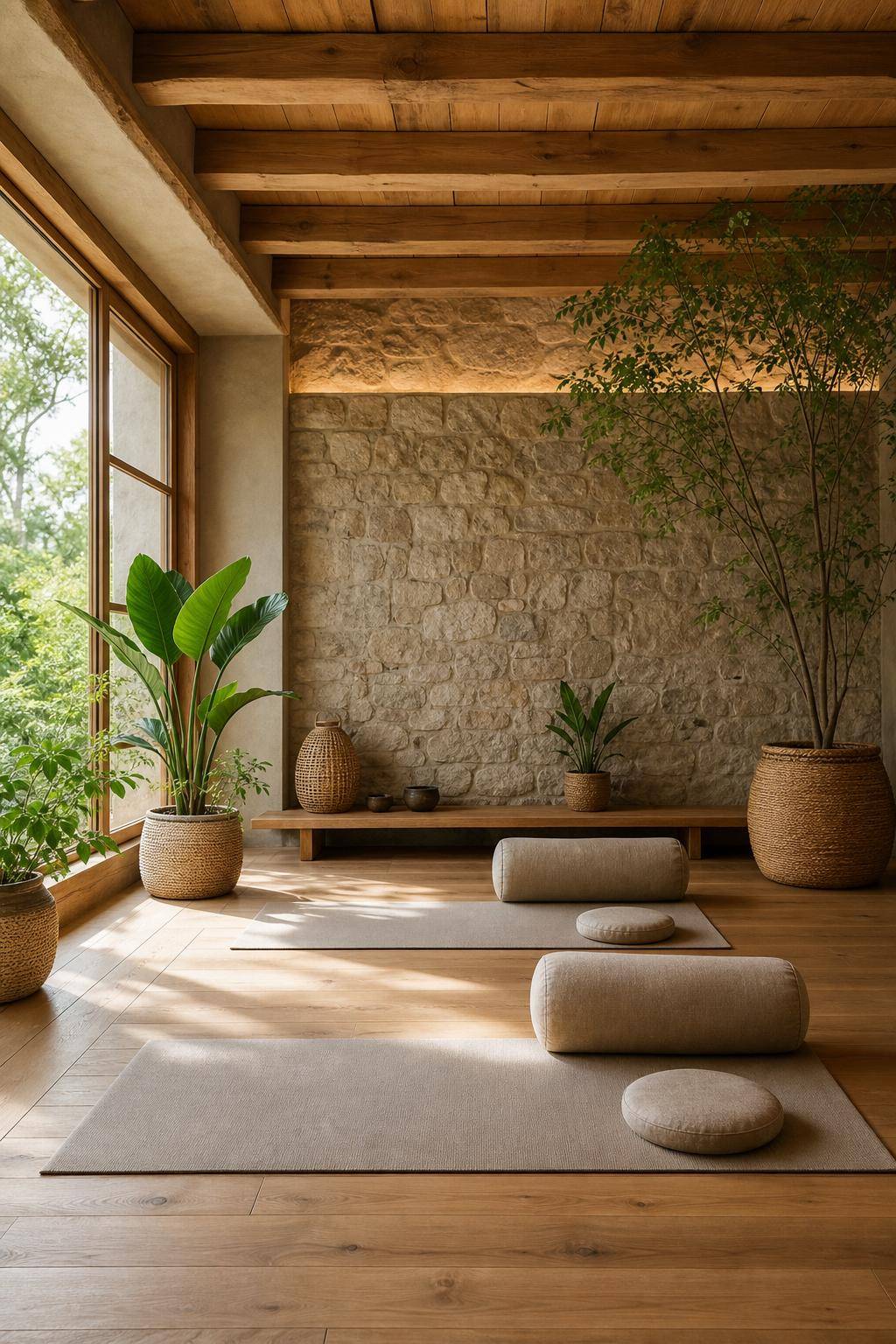 Yoga-Raum einrichten: Inspiration- Streue Naturmaterialien wie Holz oder Stein ein