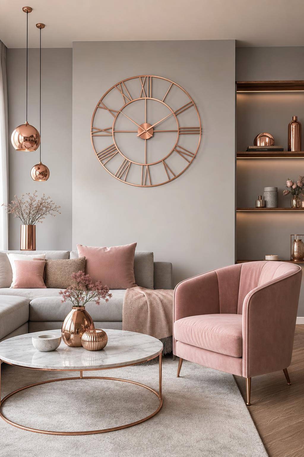 Dekoideen in Roségold- Inszeniere Wanduhren im Roségold-Look