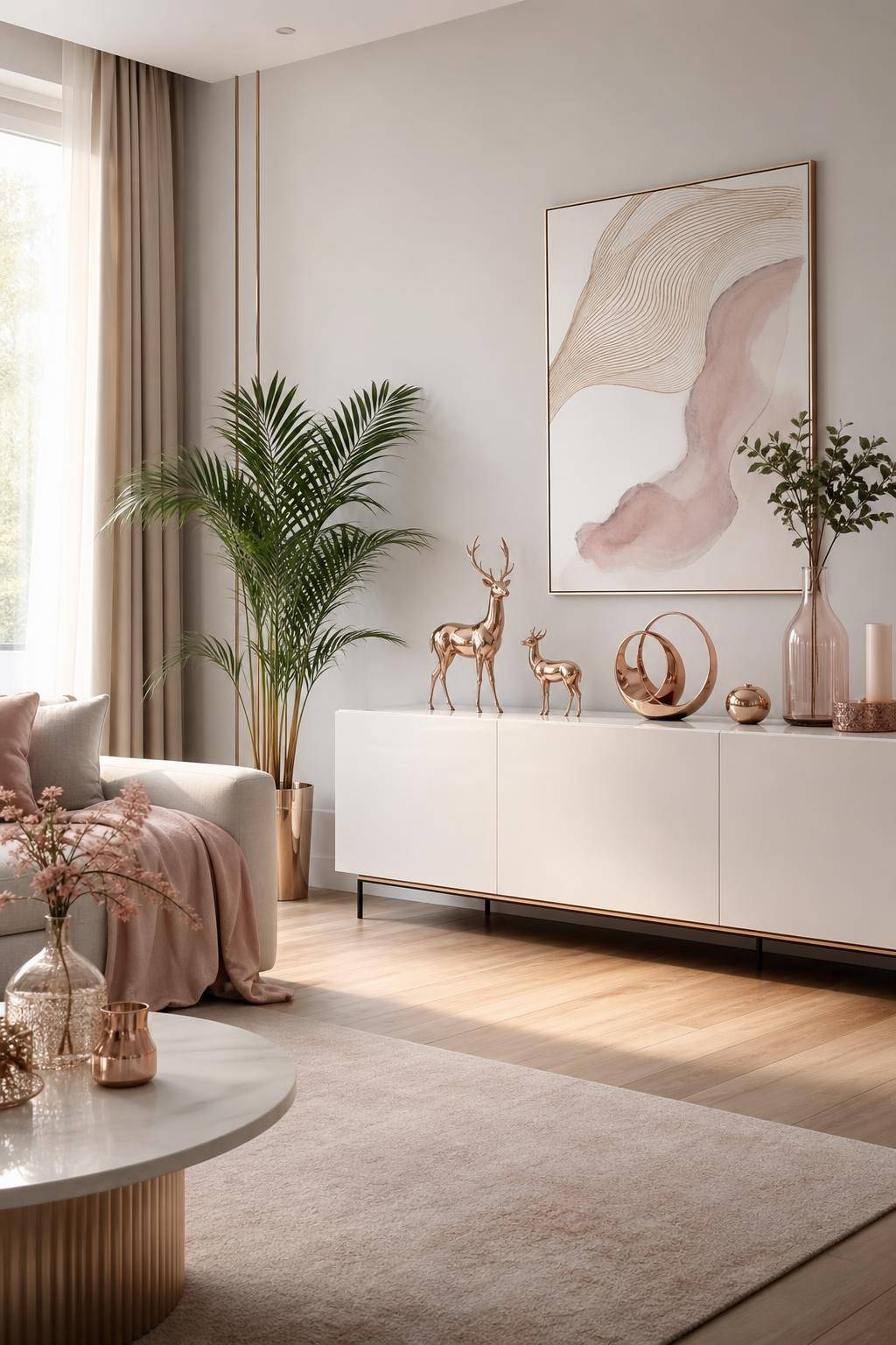 Dekoideen in Roségold- Verziere Sideboards mit roségoldenen Figuren