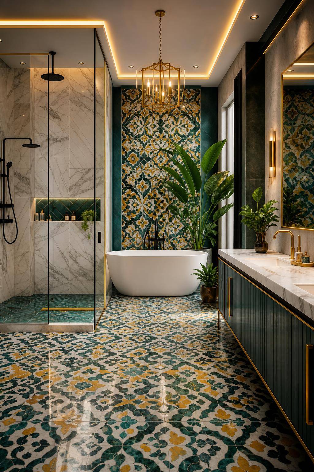 Designer-Badezimmer einrichten- Experimentiere mit außergewöhnlichen Fliesenmustern und -farben