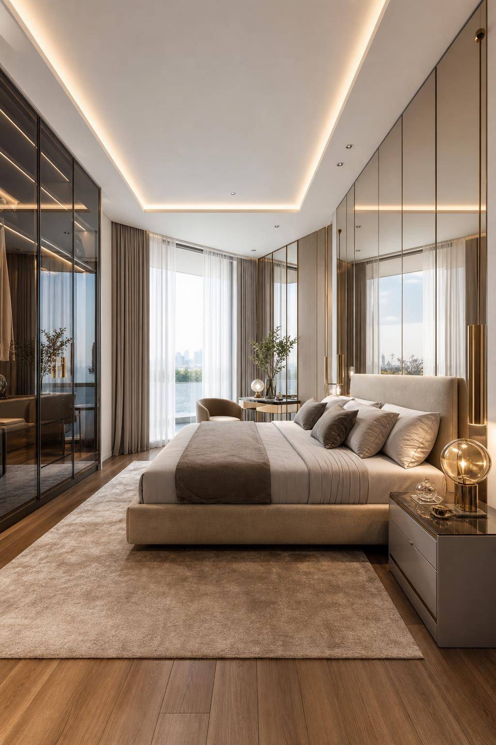 Designer-Schlafzimmer einrichten- Arrangiere spiegelnde Flächen für mehr Licht