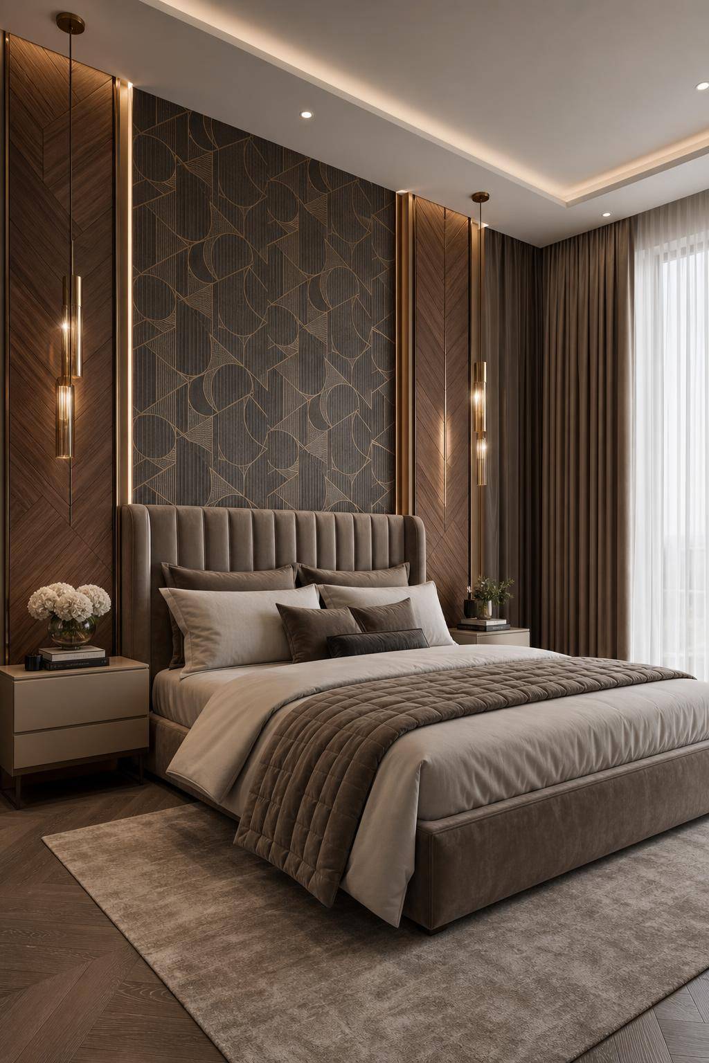 Designer-Schlafzimmer einrichten- Experimentiere mit hochwertigen Wandpanelen oder Tapeten