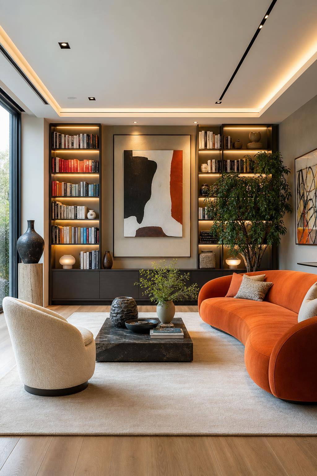 Designer-Wohnzimmer einrichten- Arrangiere Bücher und Kunstwerke kreativ
