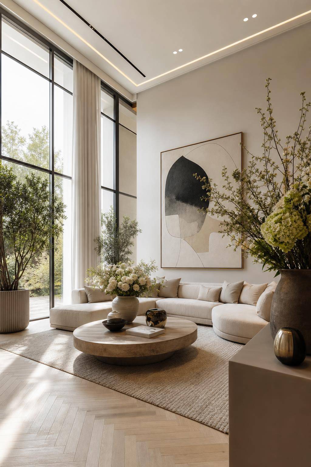 Designer-Wohnzimmer einrichten- Dekoriere mit skulpturalen Pflanzen und Blumen