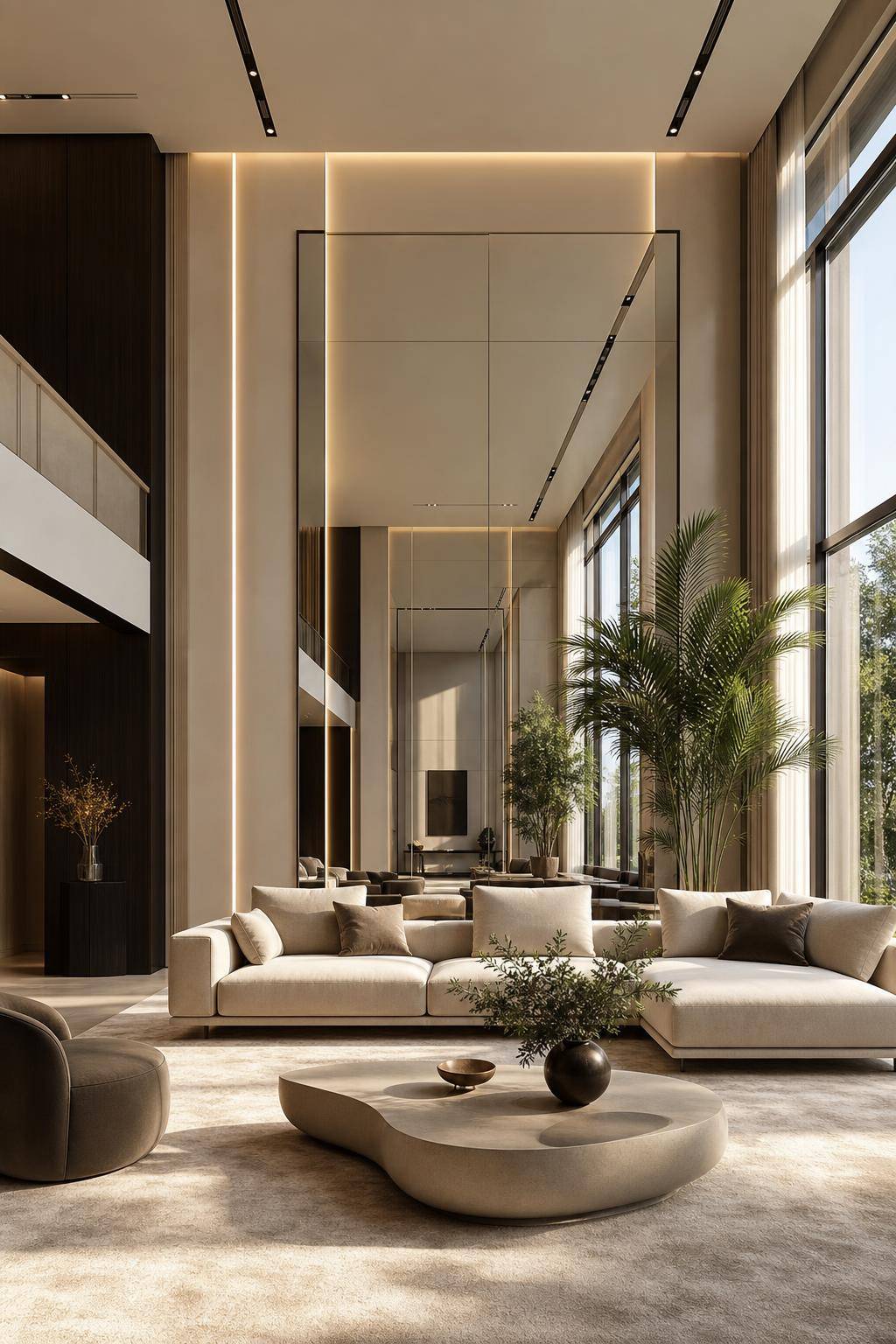 Designer-Wohnzimmer einrichten- Nutze große Spiegel für offene Raumwirkung