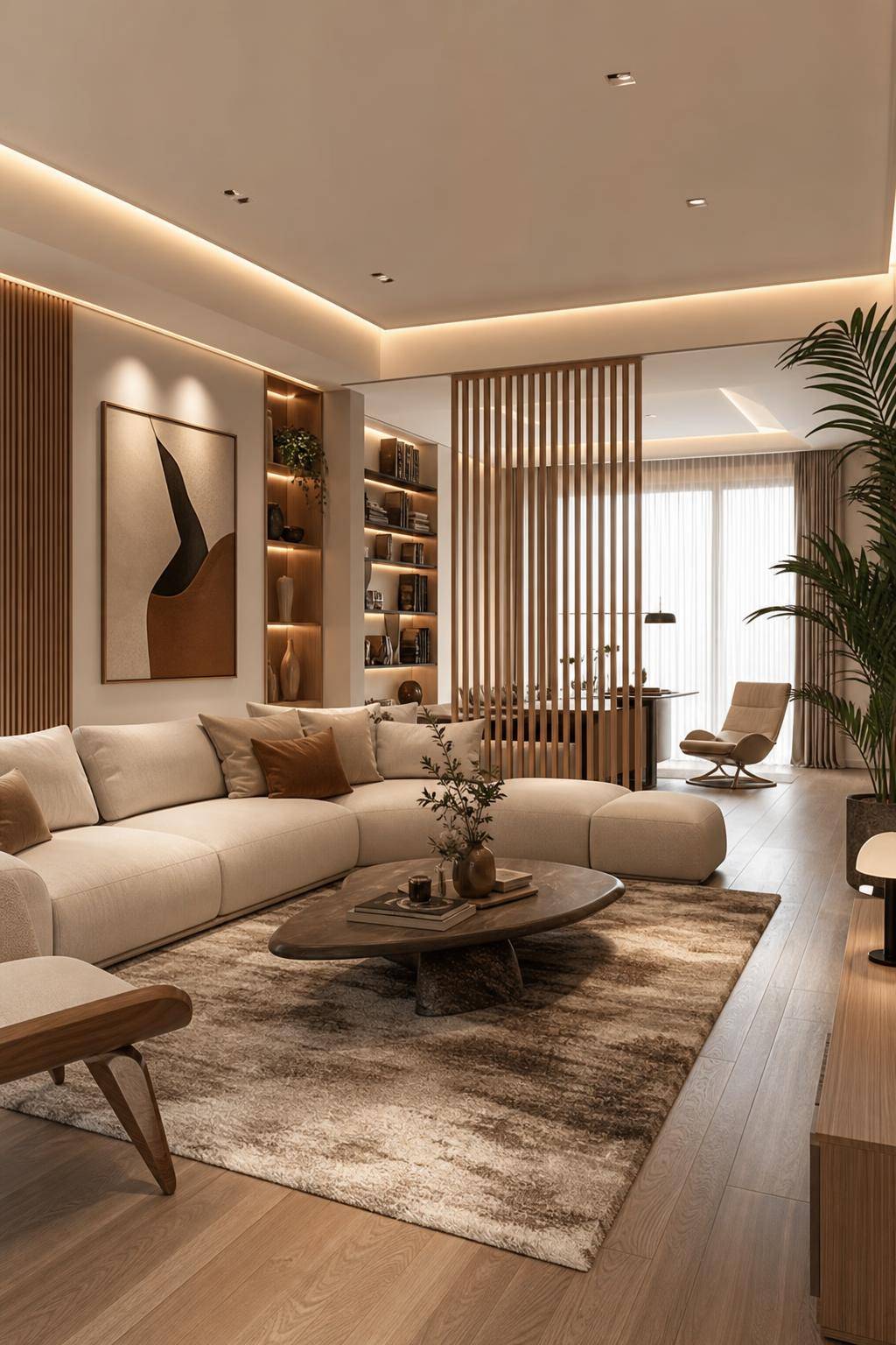 Designer-Wohnzimmer einrichten- Platziere dezente Raumteiler für mehr Struktur