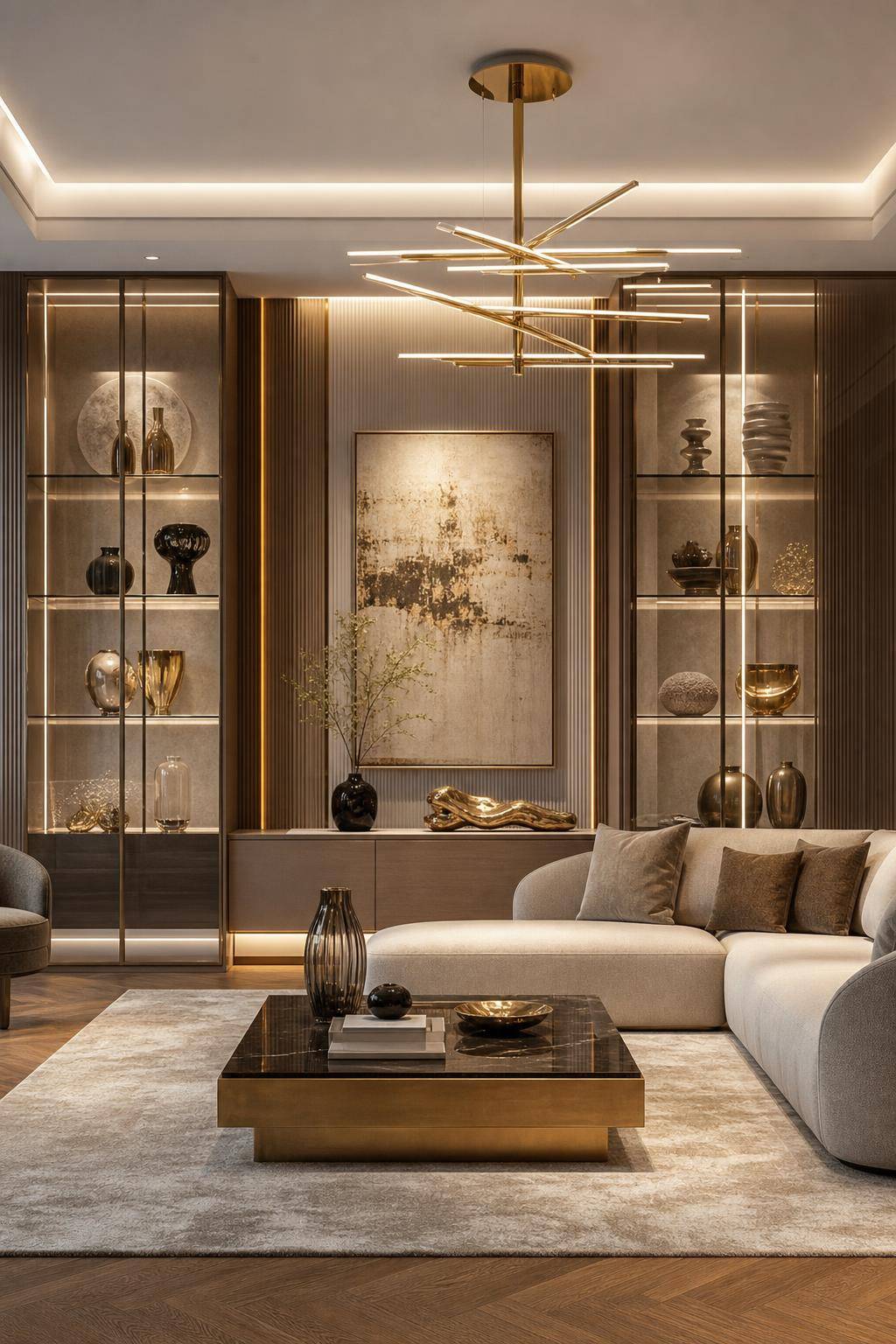Designer-Wohnzimmer einrichten- Präsentiere Designer-Accessoires in Vitrinen