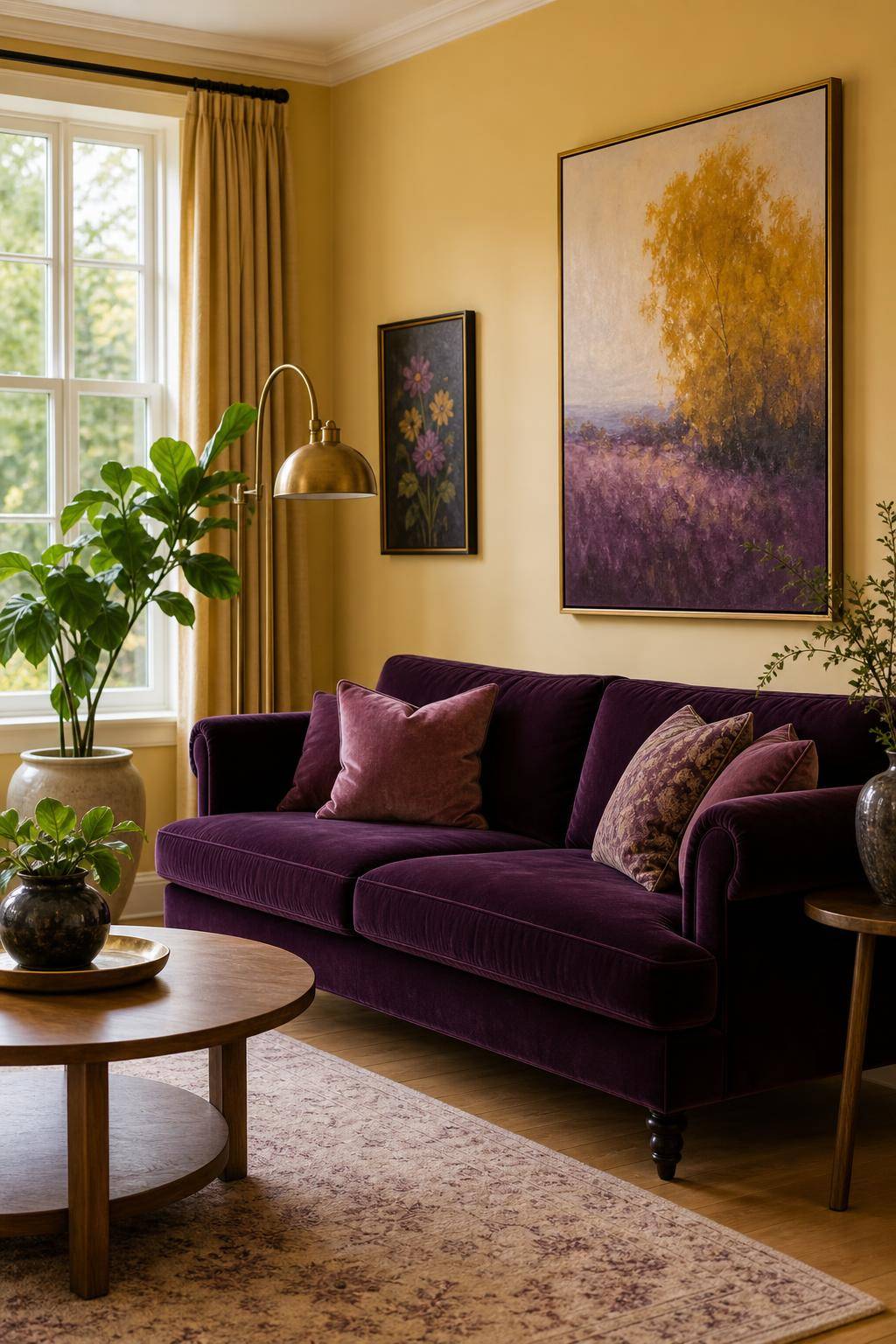 Einrichtung: Welche Farbe passt zu Gelb?- Umrahme Gelb mit tiefen Brombeertönen