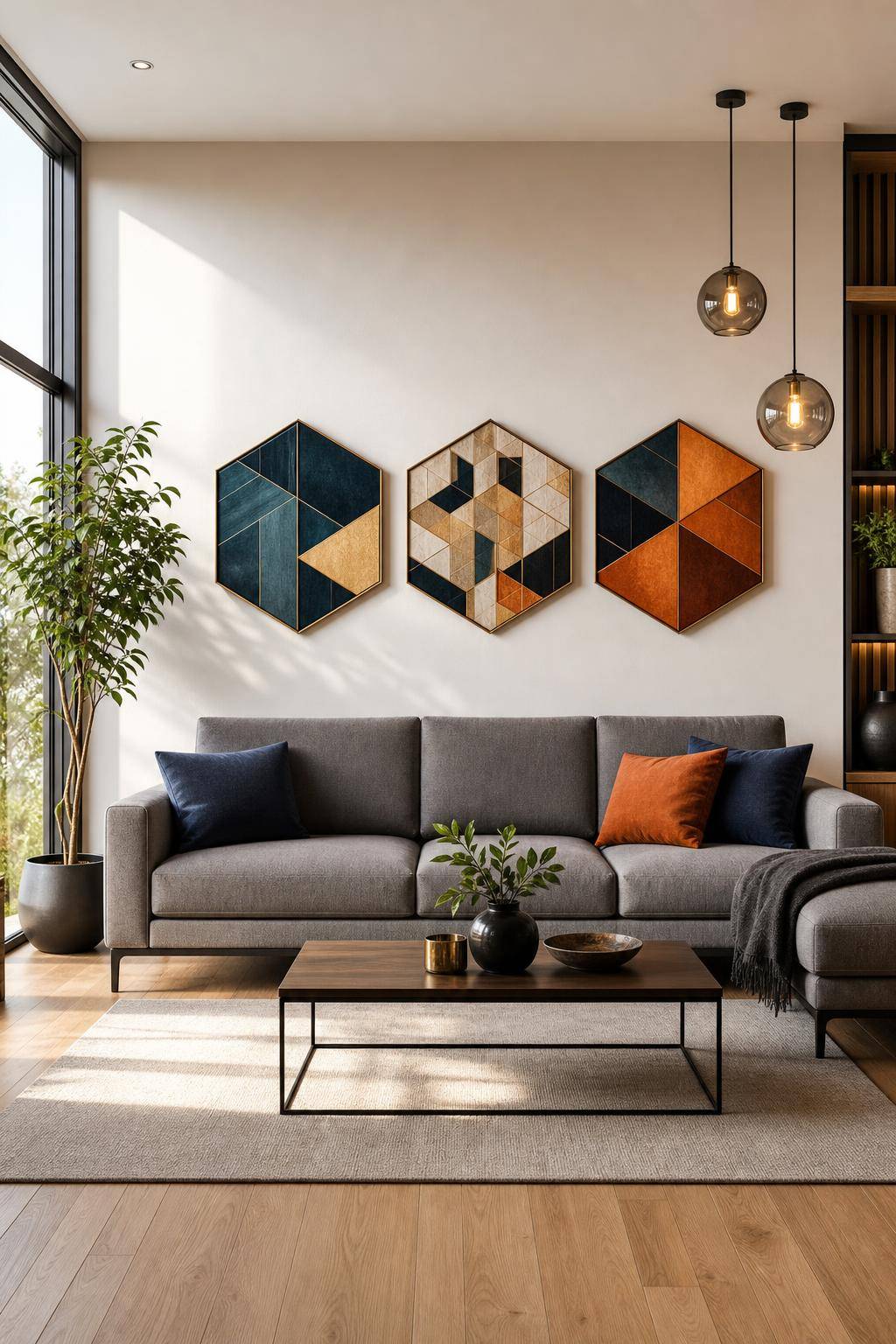 Einrichtung mit geometrischen Mustern- Hänge Wandbilder mit Hexagon-Motiven auf