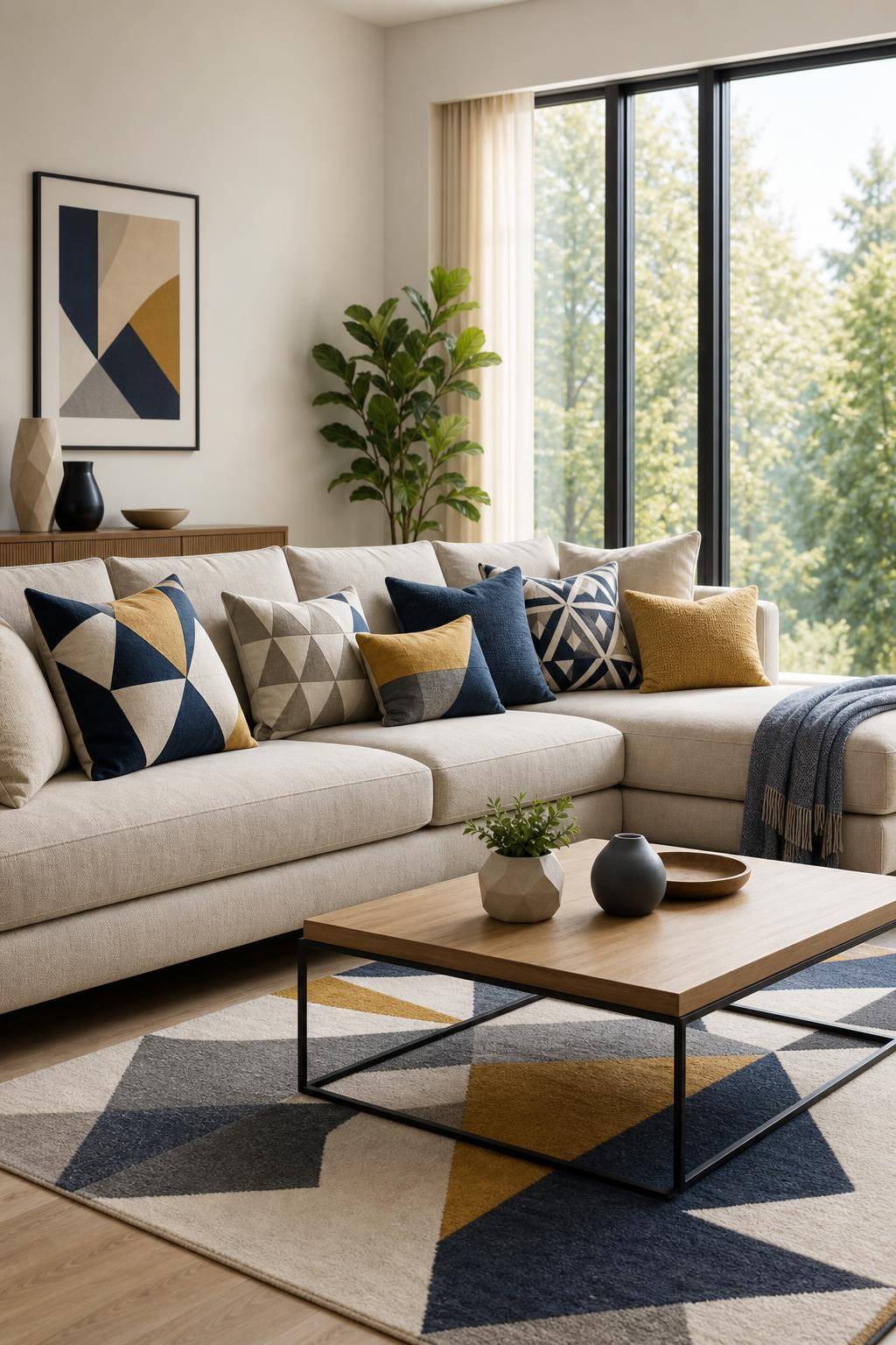 Einrichtung mit geometrischen Mustern- Integriere Kissen mit Dreiecksdesigns auf deinem Sofa