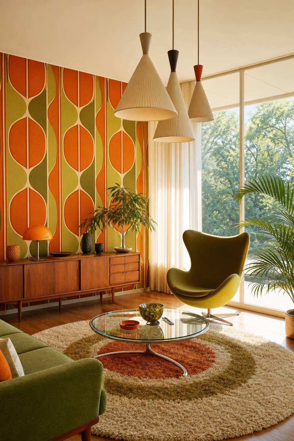 Einrichtungsideen im 60er-Jahre-Stil- Platziere Vintage-Lampen mit Trichterform