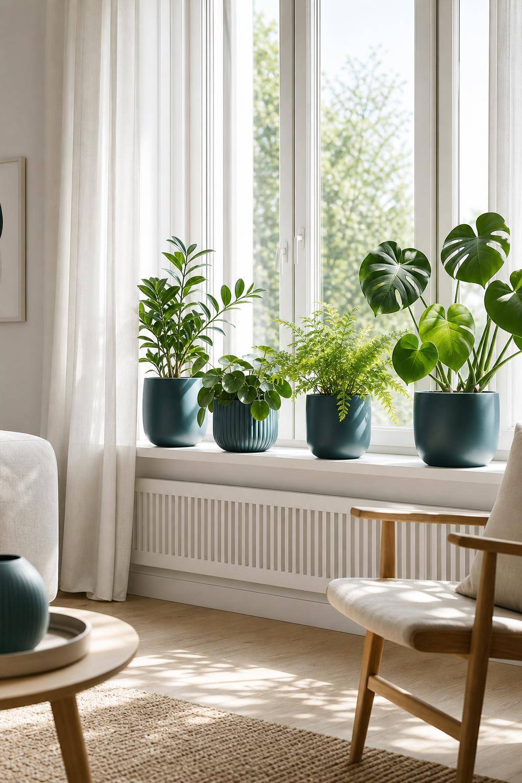 Einrichtungsideen mit der Farbe Petrol- Dekoriere die Fensterbank mit petrolfarbenen Pflanzenübertöpfen