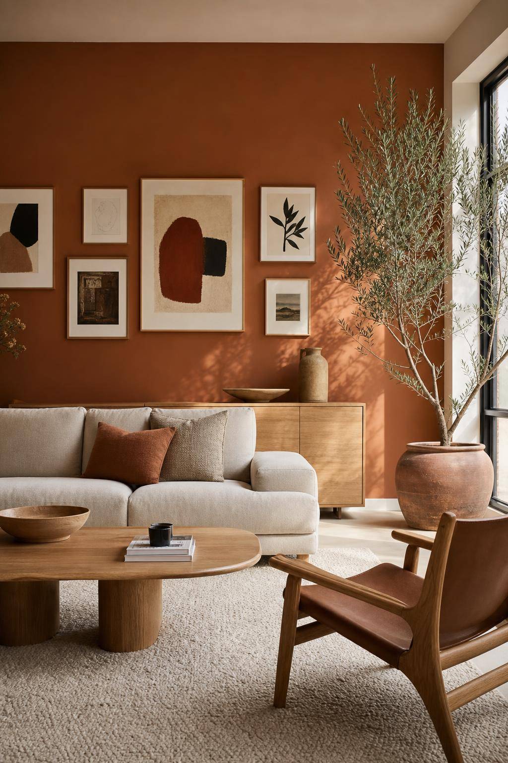 Einrichtungsideen mit der Farbe Terracotta- Arrangiere Kunstwerke auf Terracotta-Hintergrund