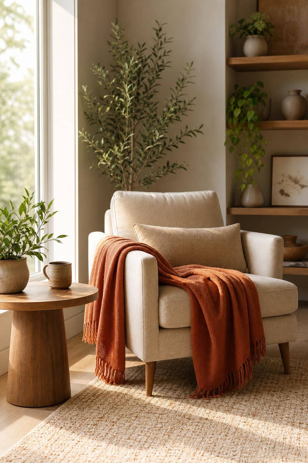 Einrichtungsideen mit der Farbe Terracotta- Gestalte einen gemütlichen Lesesessel mit Terracotta-Überwurf