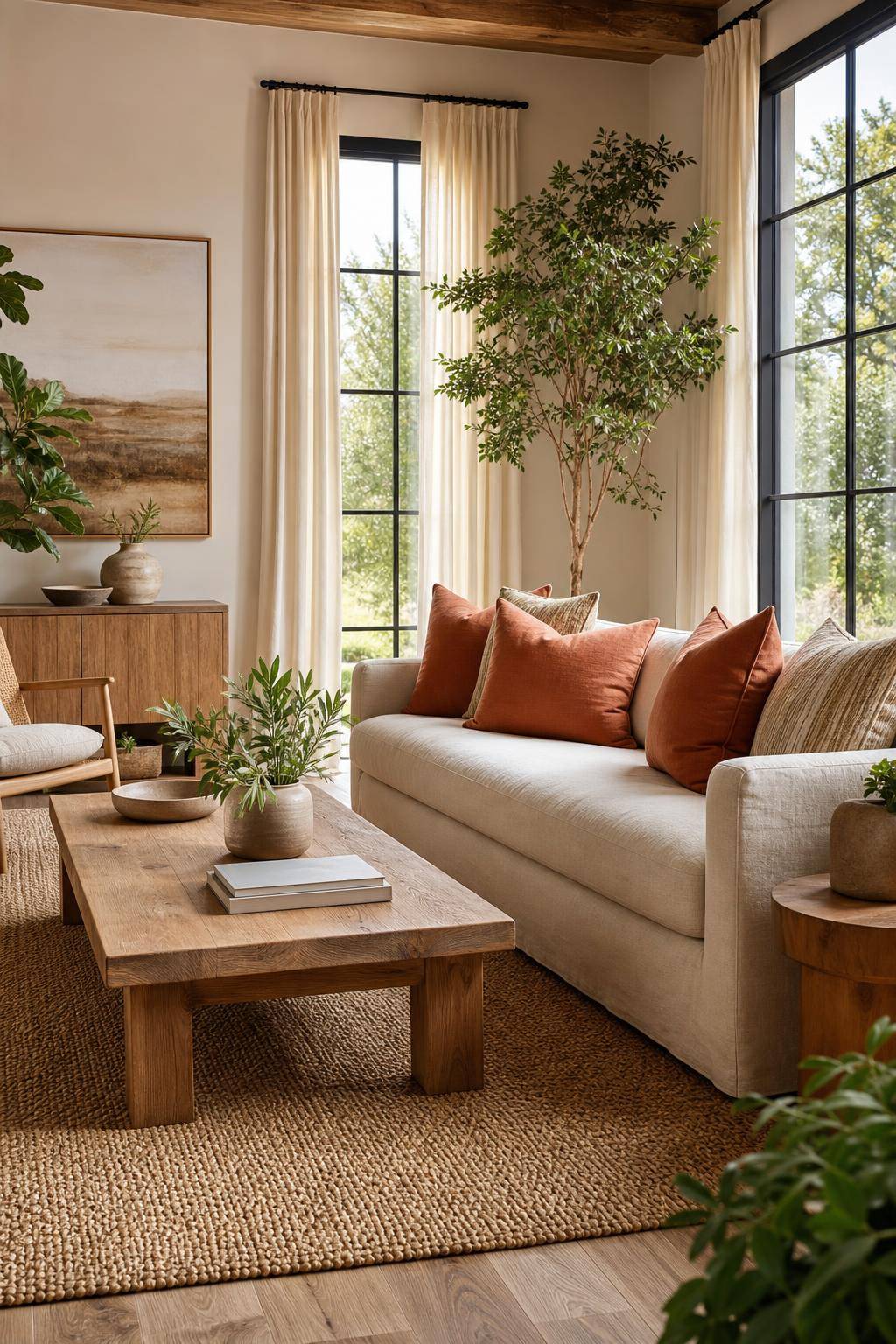 Einrichtungsideen mit der Farbe Terracotta- Mische Terracotta-Kissen mit Naturtönen