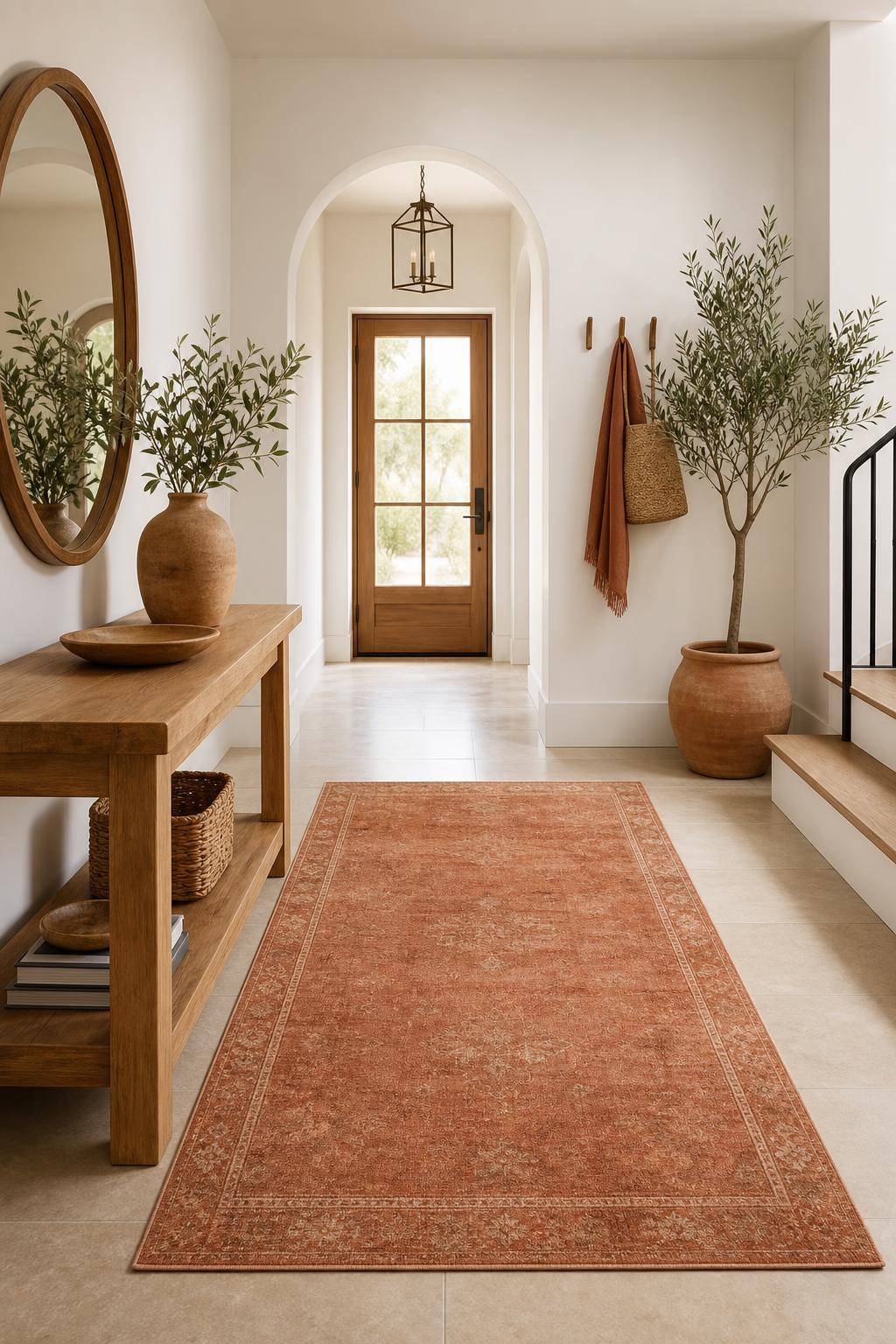 Einrichtungsideen mit der Farbe Terracotta- Präsentiere ein Terracotta-Teppich im Eingangsbereich