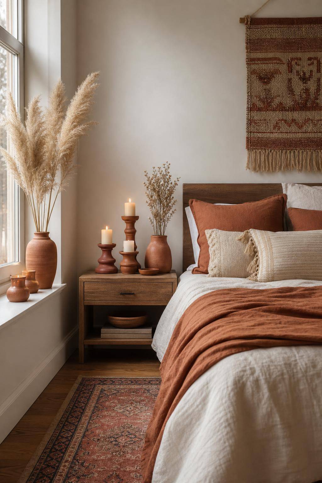 Einrichtungsideen mit der Farbe Terracotta- Verteile Terracotta-Kerzenhalter im Schlafzimmer
