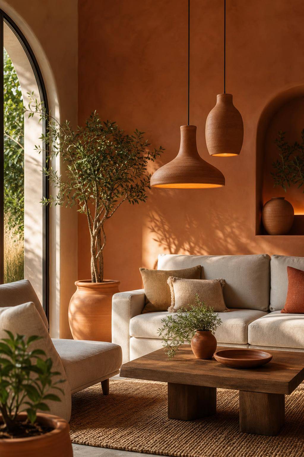 Einrichtungsideen mit der Farbe Terracotta- Verwende Terracotta-Lampen für indirektes Licht