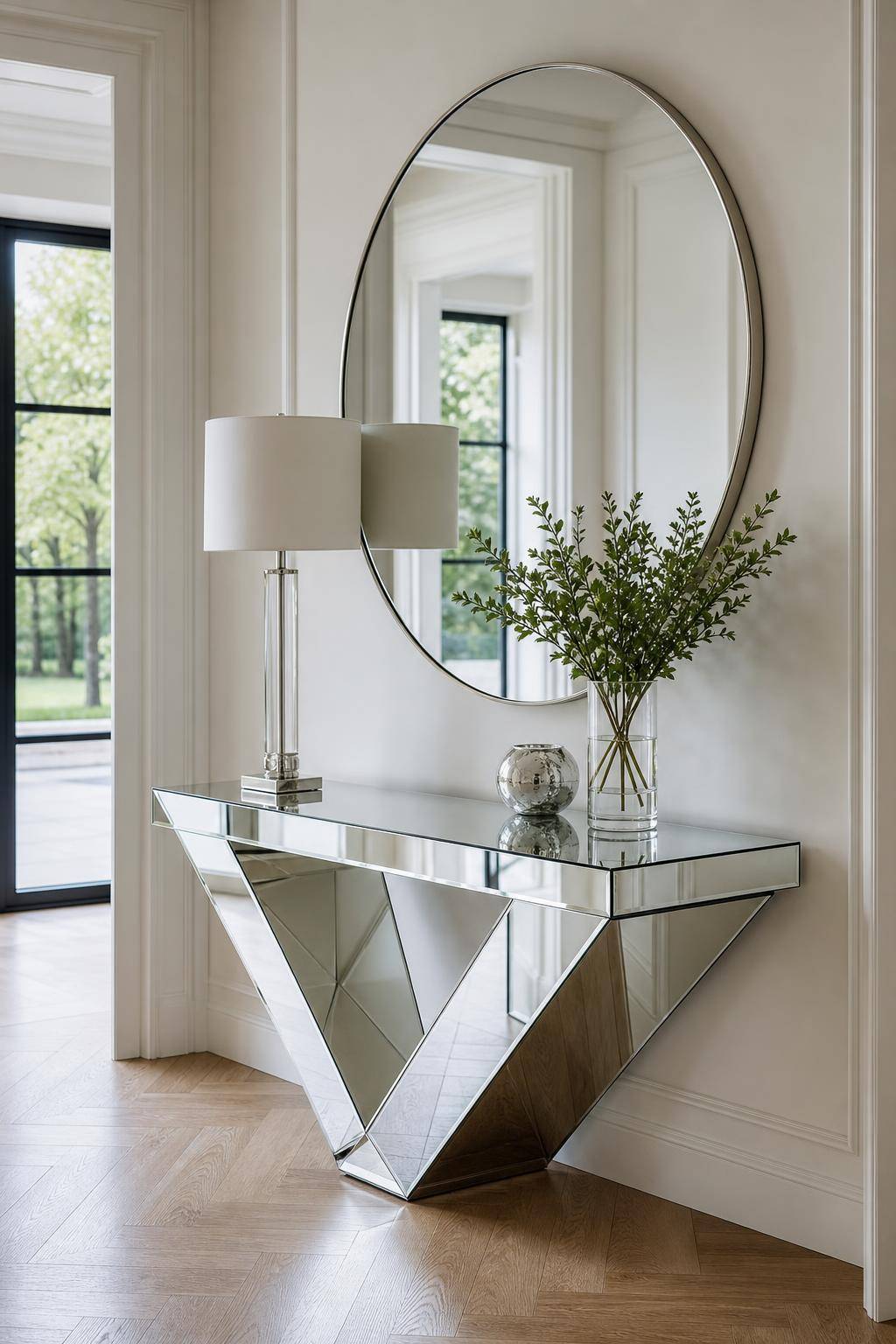 Einrichtungsinspiration mit verspiegelten Möbeln- Arrangiere Spiegelmöbel im Eingangsbereich für Eleganz