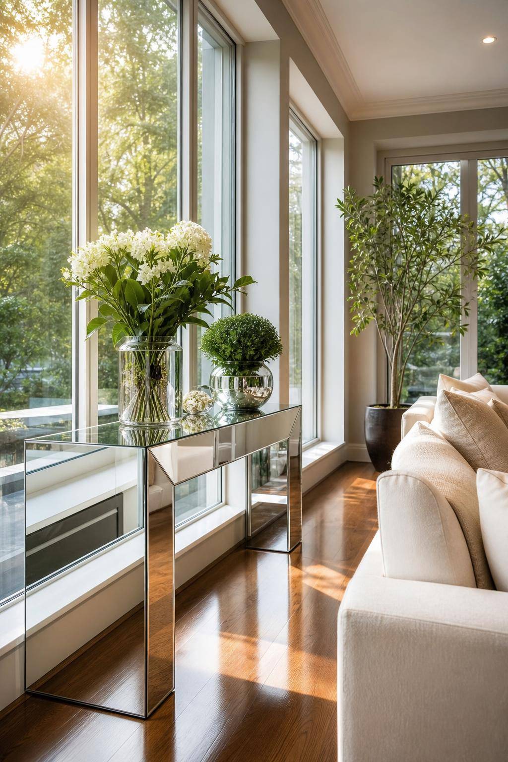 Einrichtungsinspiration mit verspiegelten Möbeln- Dekoriere Fensterbänke mit Spiegelflächen