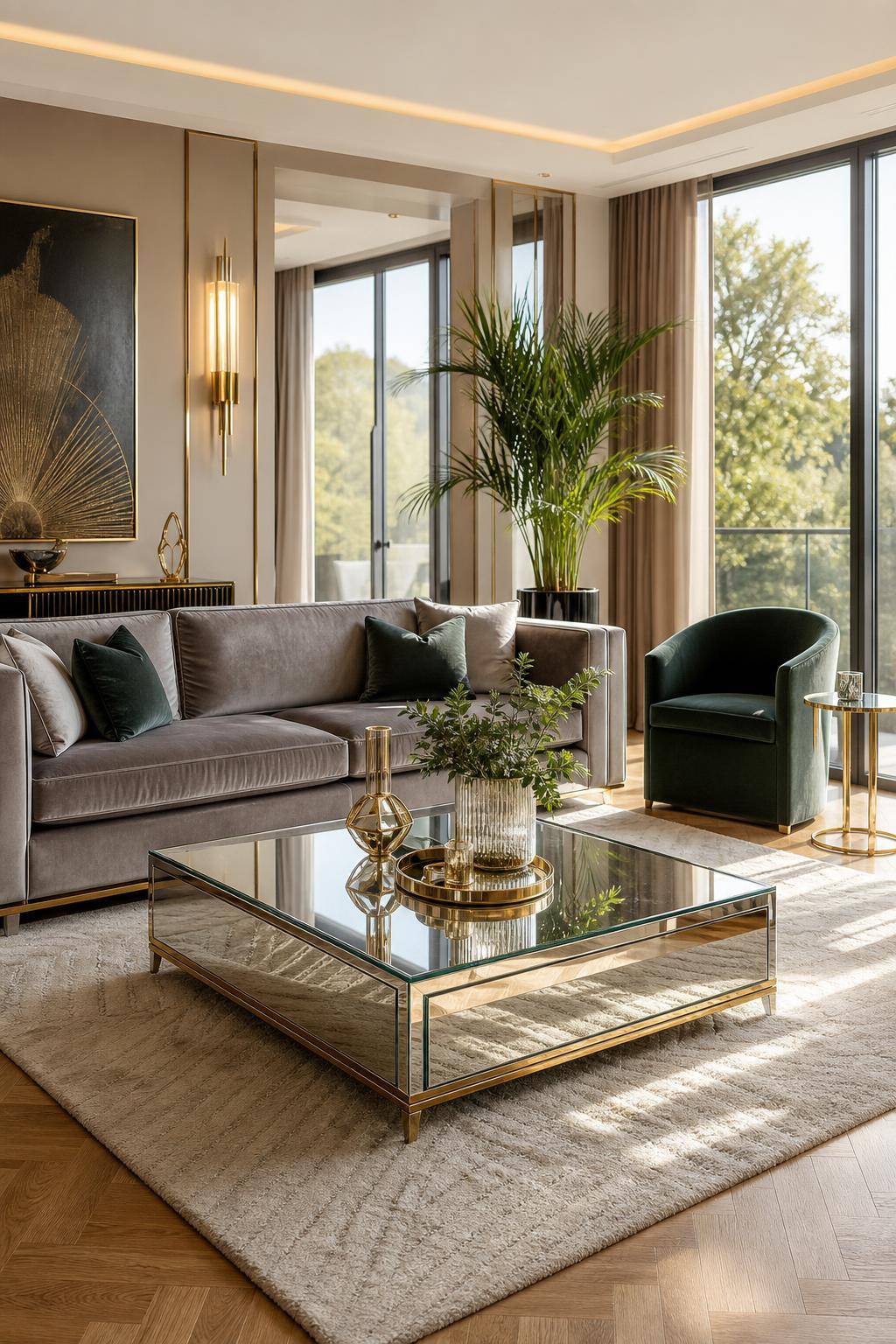Einrichtungsinspiration mit verspiegelten Möbeln- Integriere einen verspiegelten Couchtisch ins Wohnzimmer