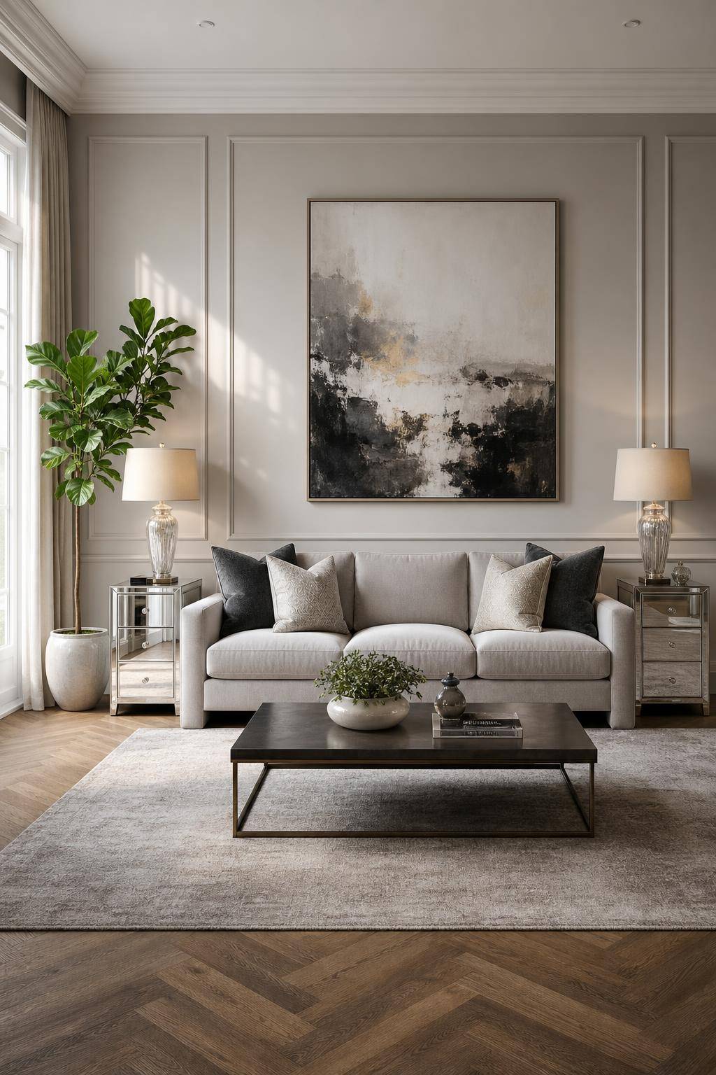 Einrichtungsinspiration mit verspiegelten Möbeln- Platziere verspiegelte Beistelltische neben Sofas