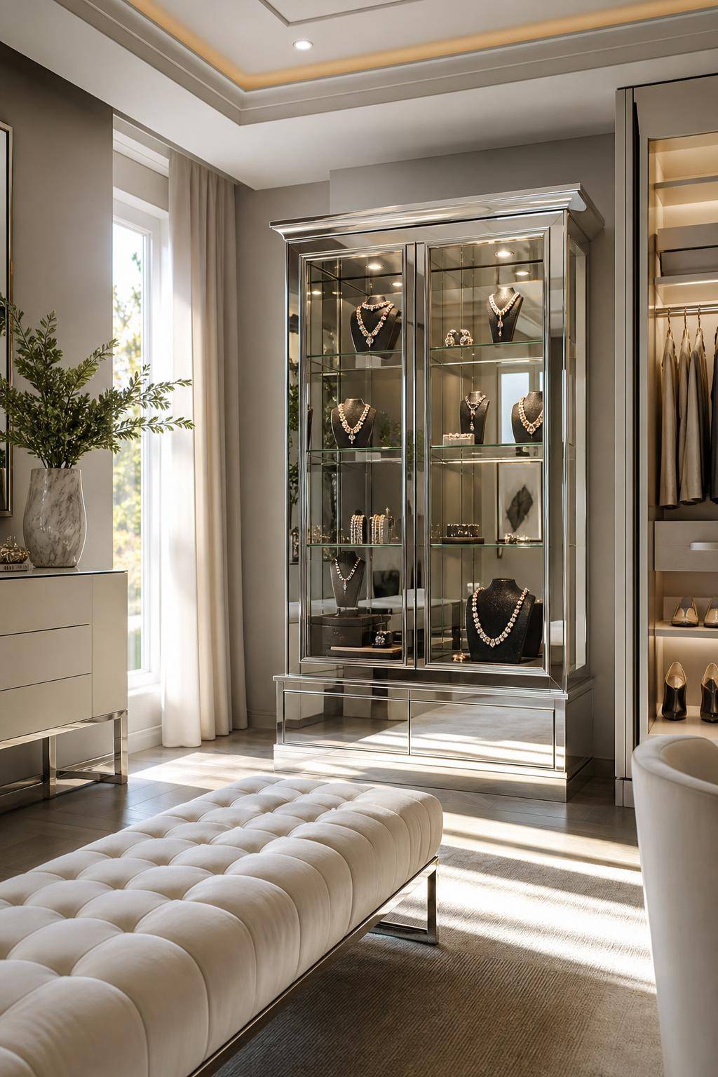 Einrichtungsinspiration mit verspiegelten Möbeln- Präsentiere Schmuck in einer Spiegelvitrine