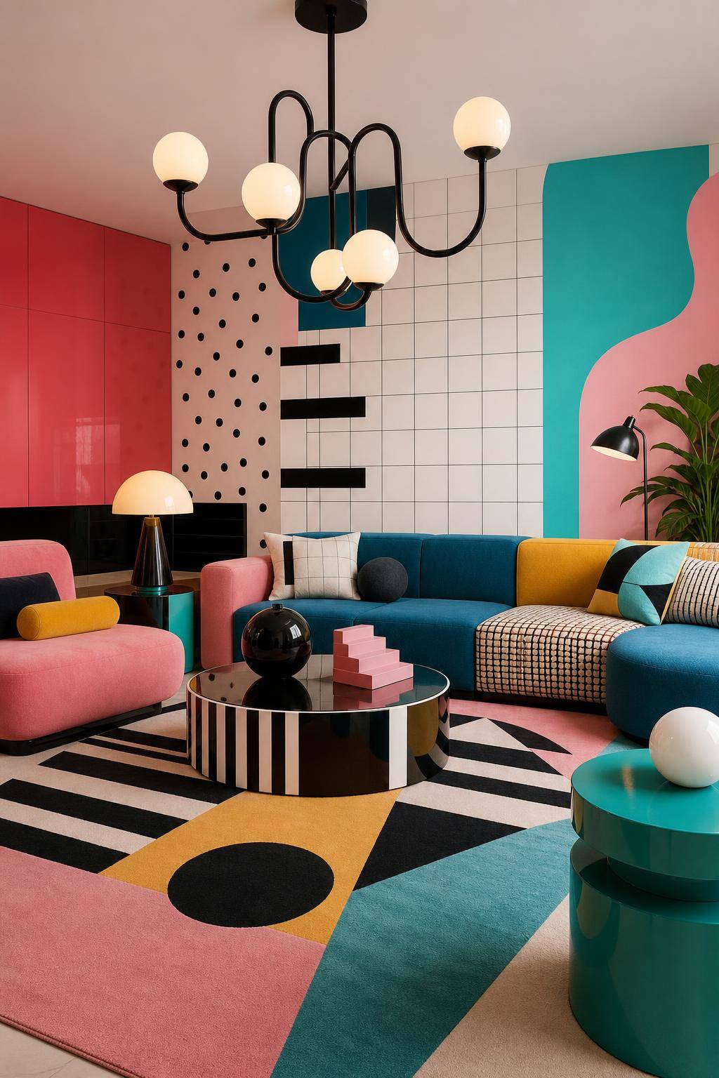 Einrichtungsstil: Memphis-Design- Kombiniere kontrastreiche Muster und Grafiken mutig