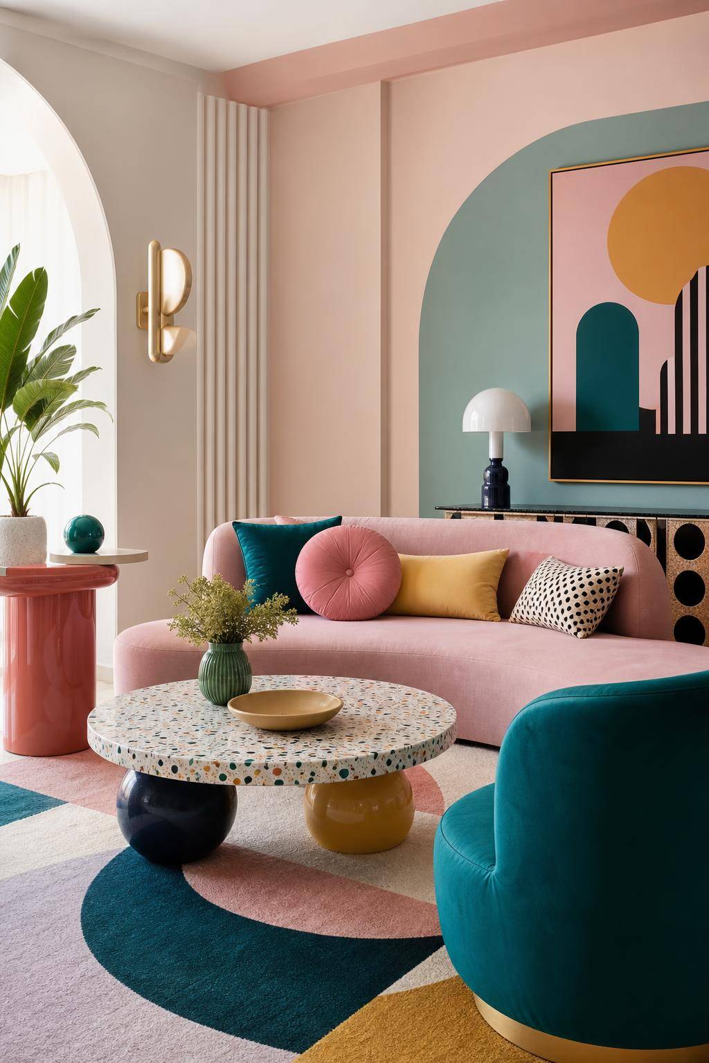 Einrichtungsstil: Memphis-Design- Platziere auffällige Sofakissen in Pastelltönen