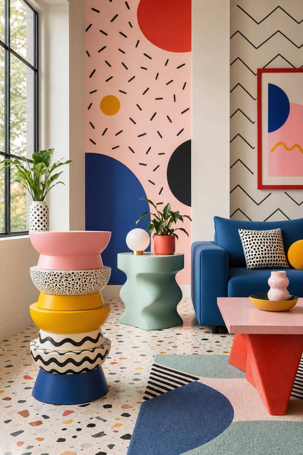 Einrichtungsstil: Memphis-Design- Probiere gestapelte Hocker in verschiedenen Farben