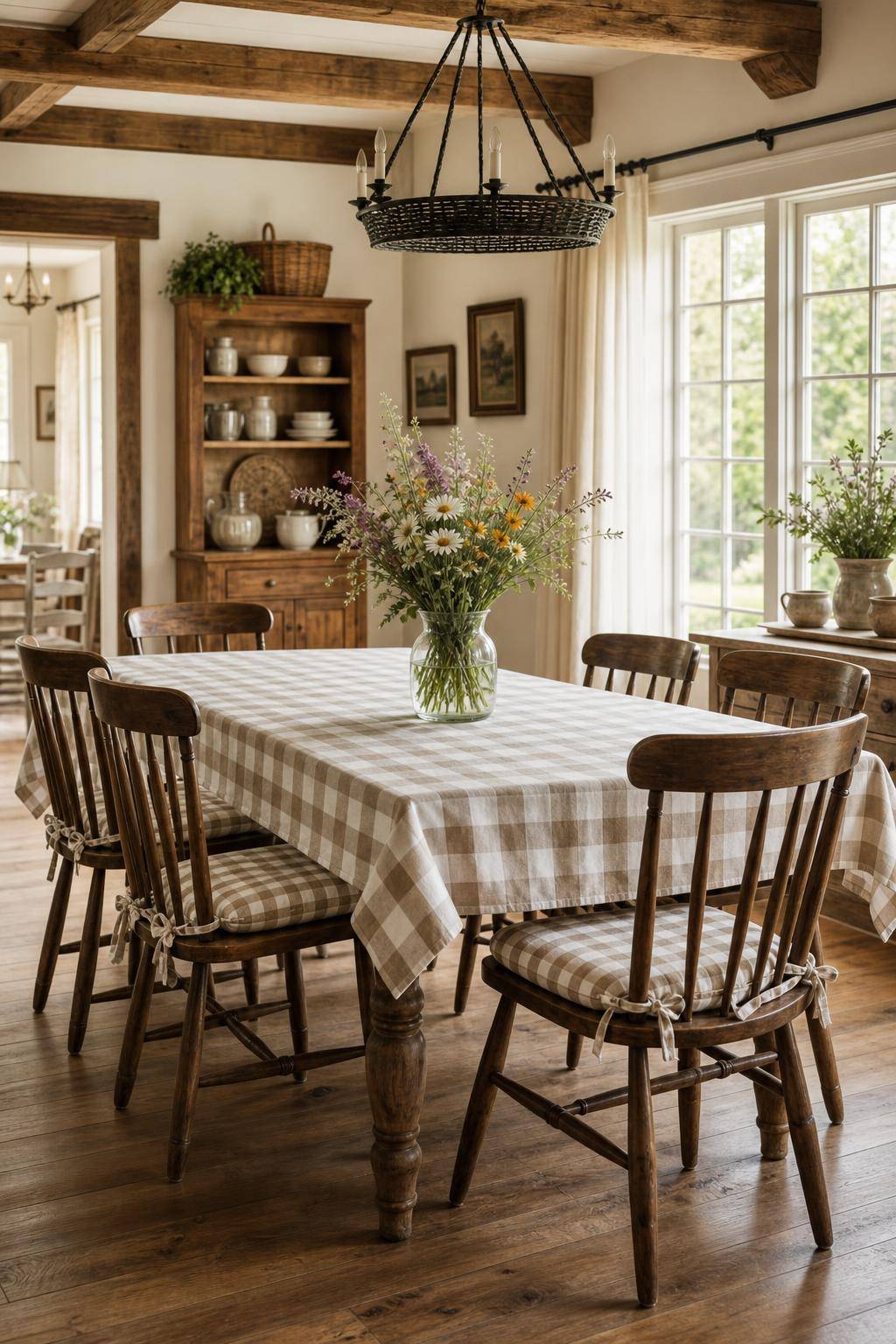 Esszimmer im Landhausstil- Dekoriere mit karierten Tischdecken und Kissen