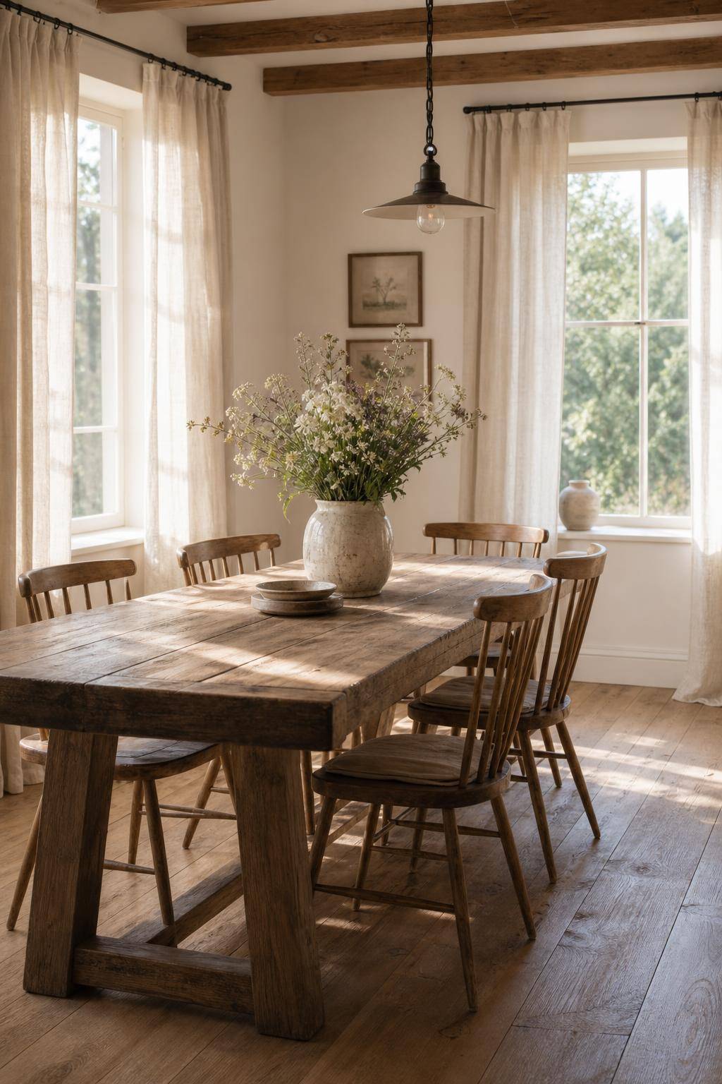 Esszimmer im Landhausstil- Wähle Vorhänge aus Leinen oder Baumwolle