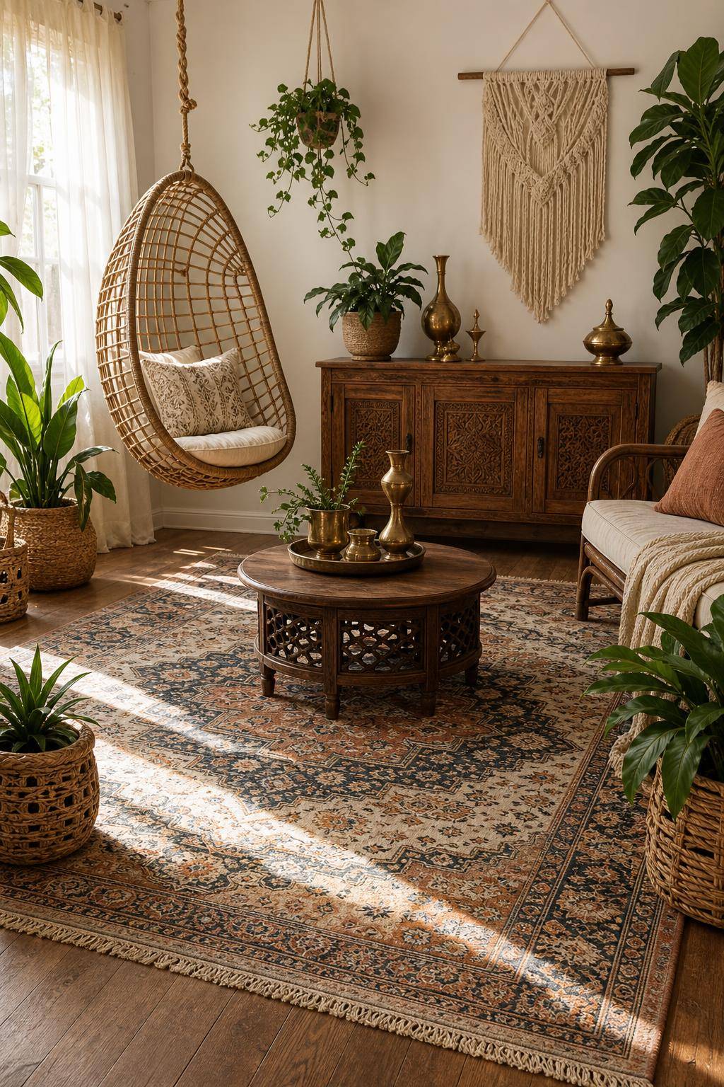 Ideen: Einrichten mit Boho-Teppich-Kombiniere den Boho-Teppich mit Vintage-Möbeln