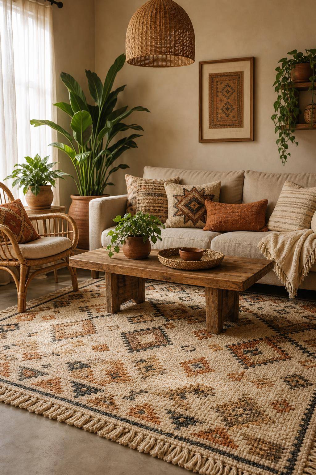 Ideen: Einrichten mit Boho-Teppich- Pegel harmonische Kontraste durch verschiedene Texturen ein