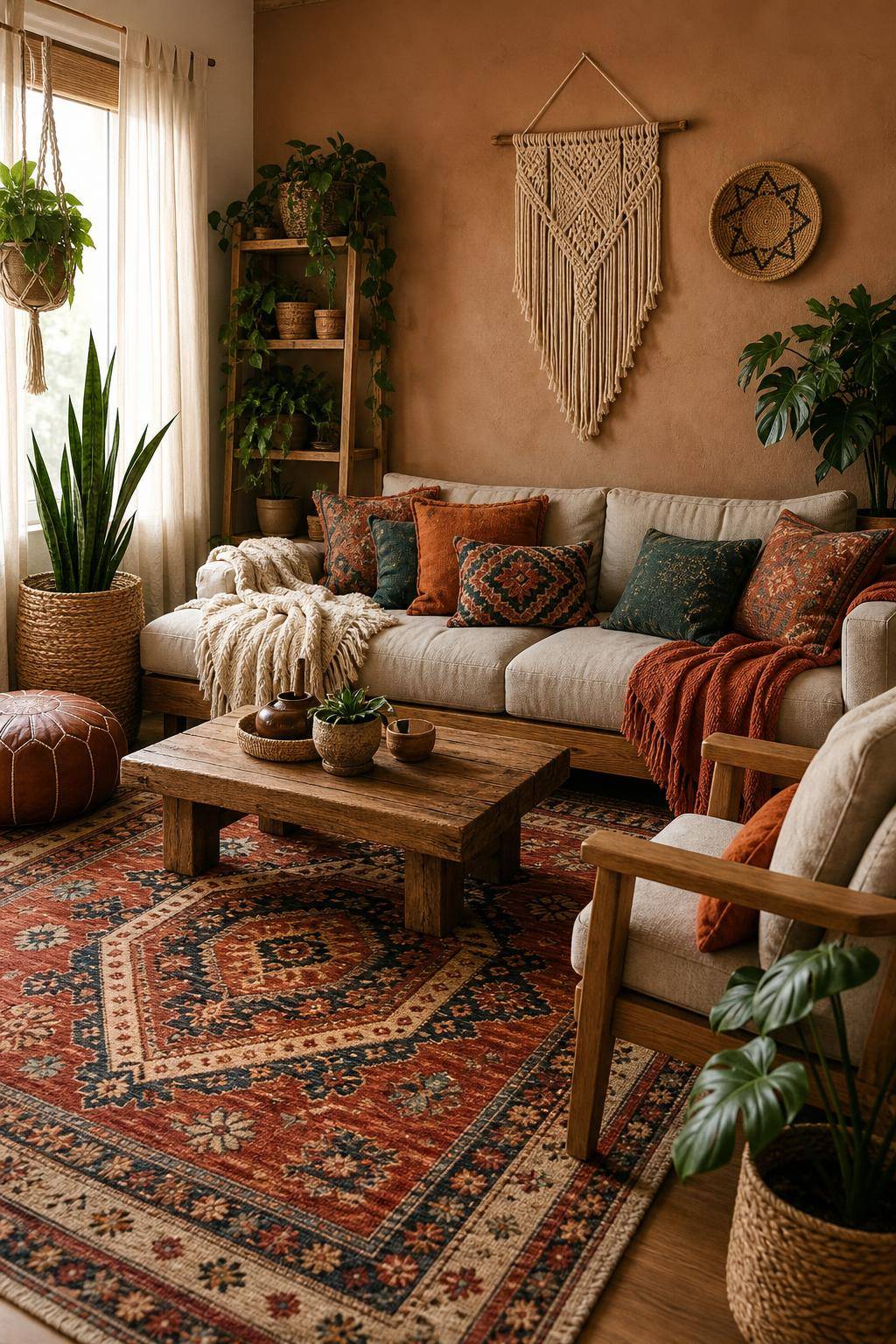 Ideen: Einrichten mit Boho-Teppich- Vereine Wohnaccessoires farblich mit deinem Teppich