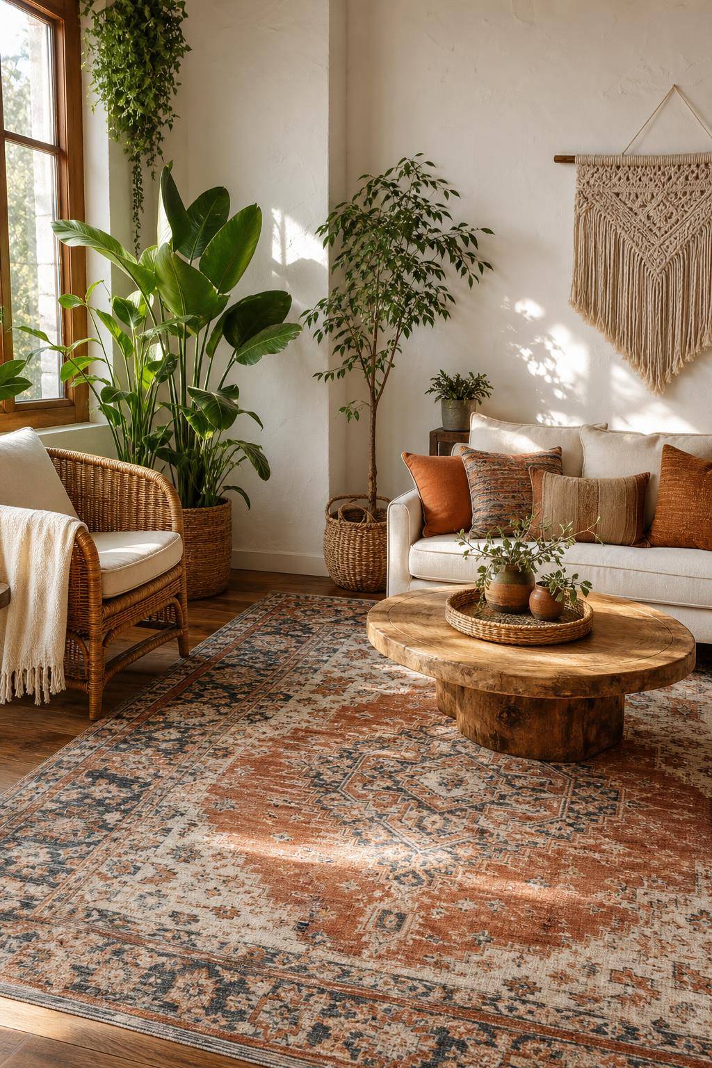 Ideen: Einrichten mit Boho-Teppich- Verwende Pflanzen, um ein natürliches Gesamtbild zu erhalten