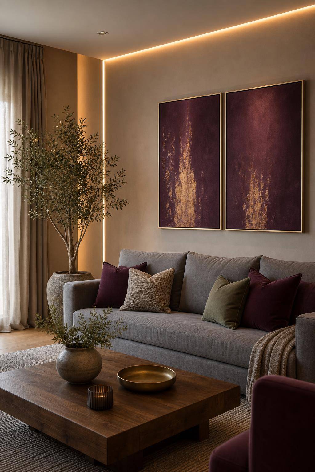 Ideen: Mit gedeckten Farben einrichten- Setze auberginefarbene Poster als Wandstatement ein