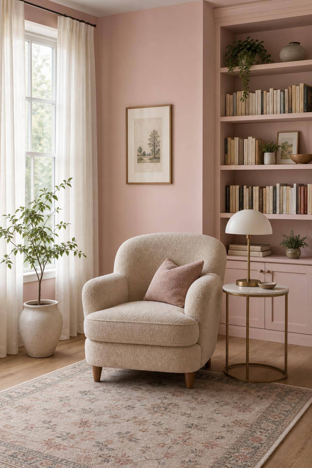 Ideen: Wandfarbe Rosa- Baue eine Leseecke vor rosafarbener Kulisse