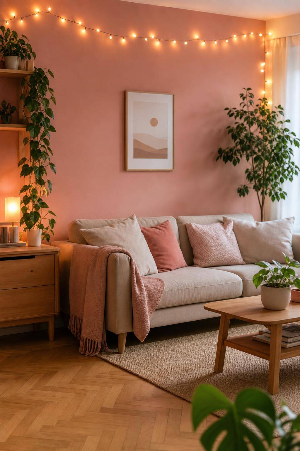 Ideen: Wandfarbe Rosa- Beleuchte rosa Wände mit warmen Lichterketten