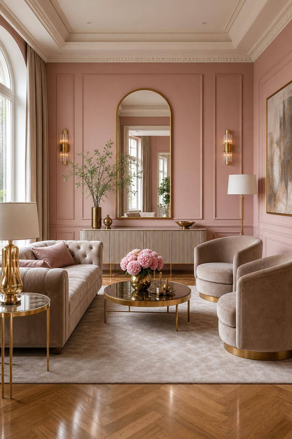 Ideen: Wandfarbe Rosa- Kombiniere Rosawand mit goldenen Accessoires für Glamour