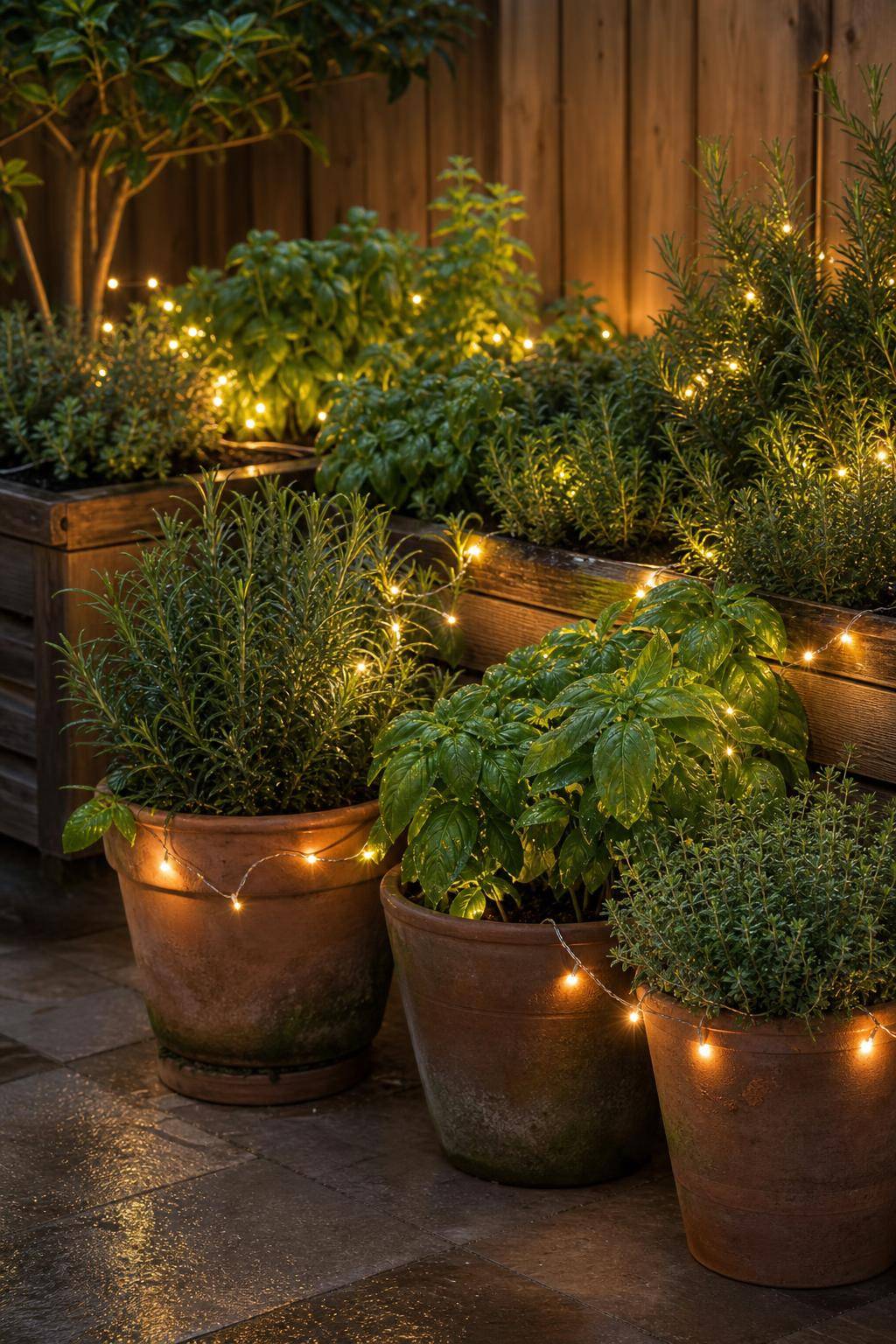 Ideen für Deko mit Lichterketten- Streue kleine Ketten in deinen Kräutergarten