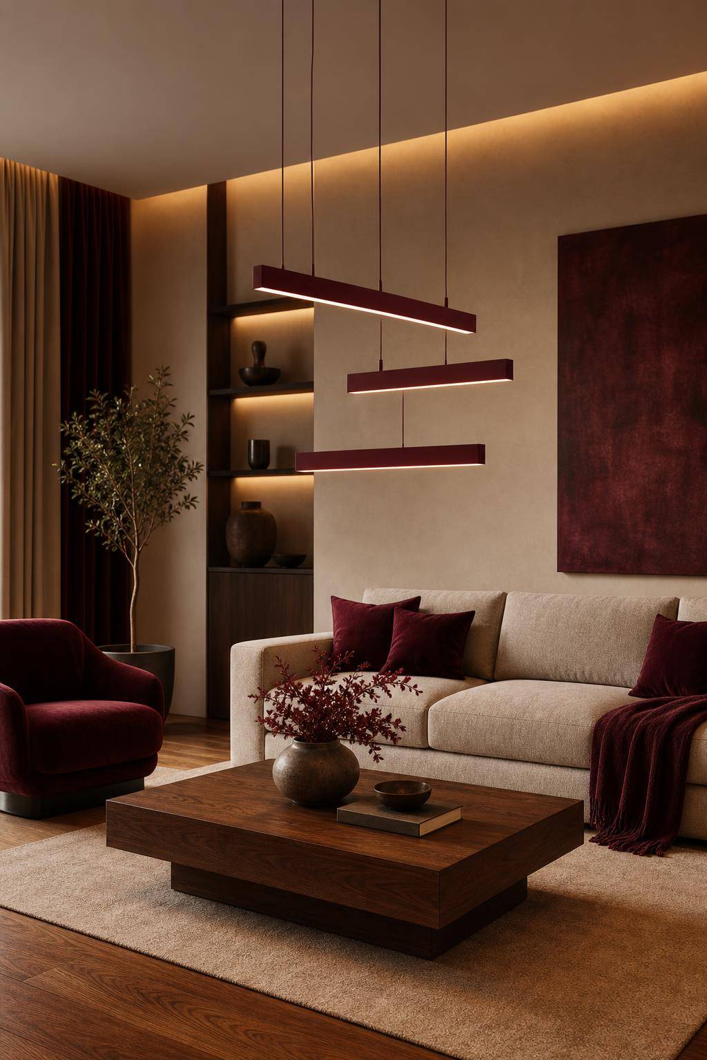 Ideen für Einrichtung in Bordeauxrot- Kombiniere bordeauxrote Leuchten mit warmem Licht