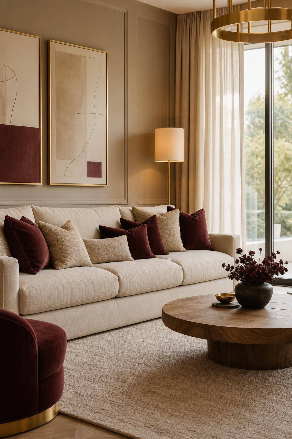 Ideen für Einrichtung in Bordeauxrot- Wähle Kissen in Bordeauxrot und Beigetönen
