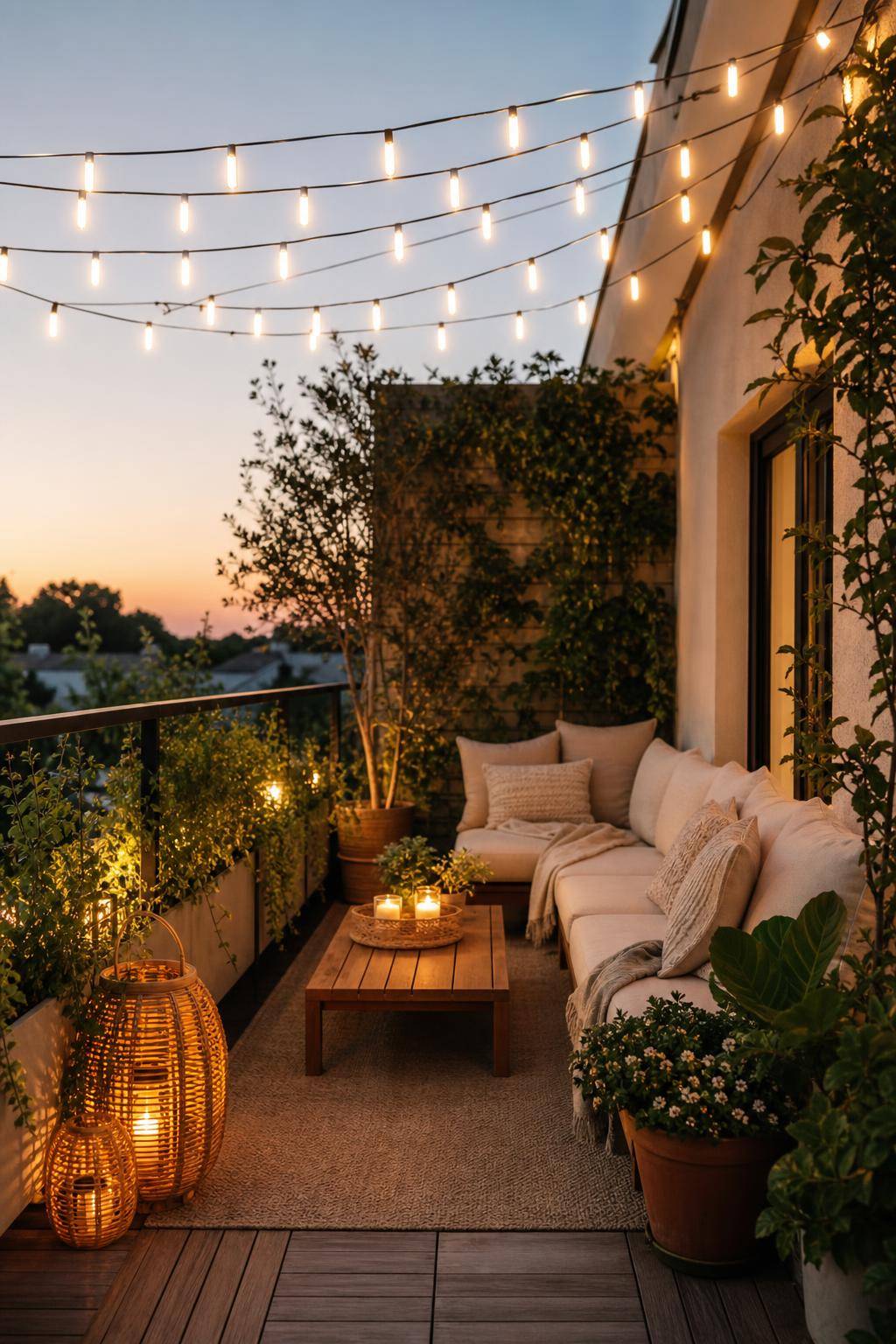 Ideen für Sommerdeko- Hänge Lichterketten auf dem Balkon auf